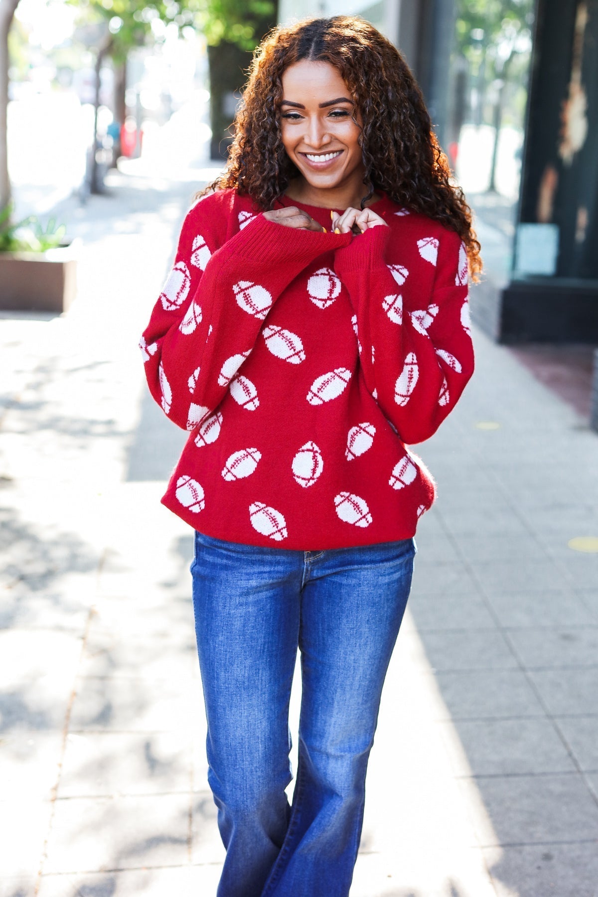 Gisela | Red football print jacquard knit sweater for game day