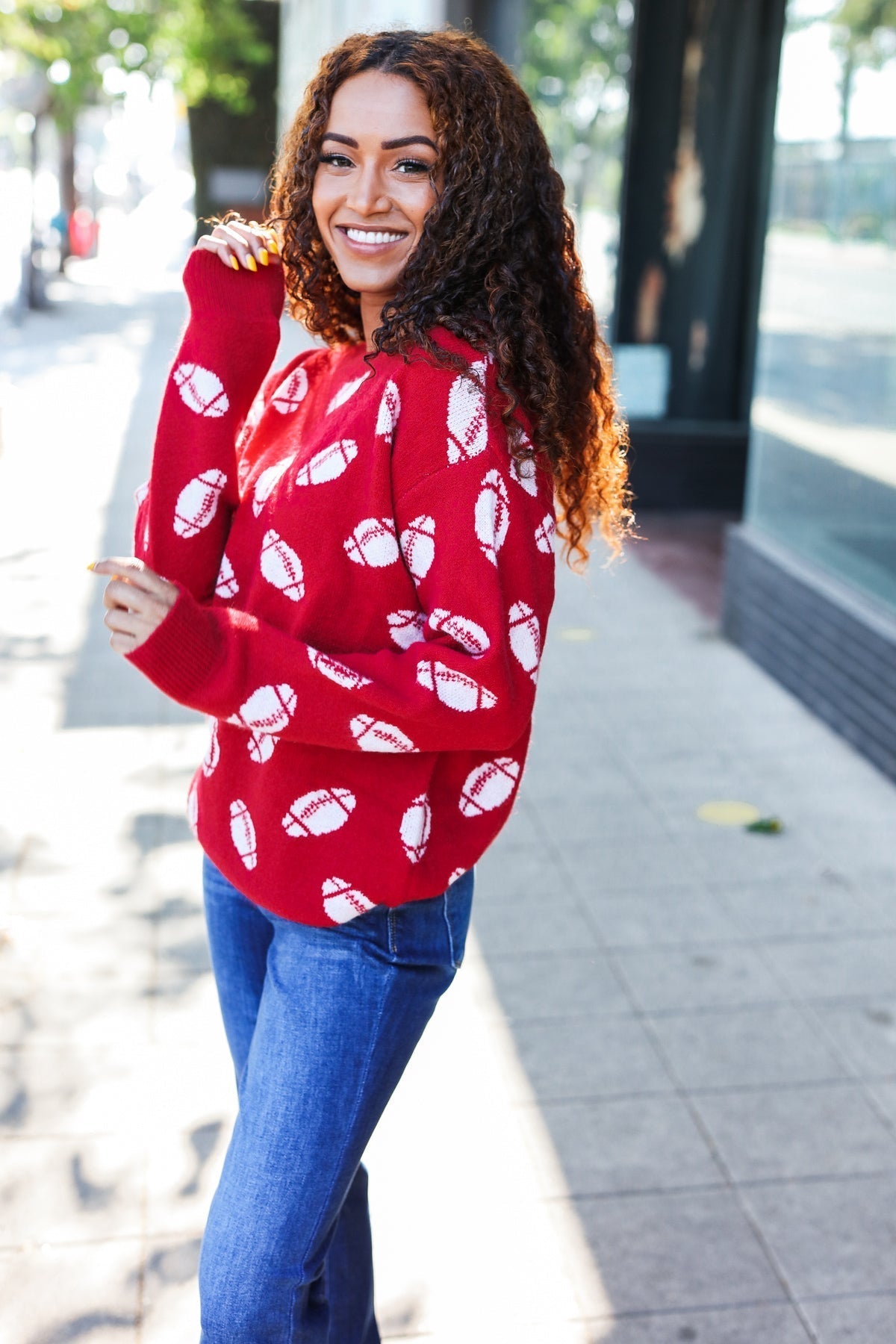 Gisela | Red football print jacquard knit sweater for game day