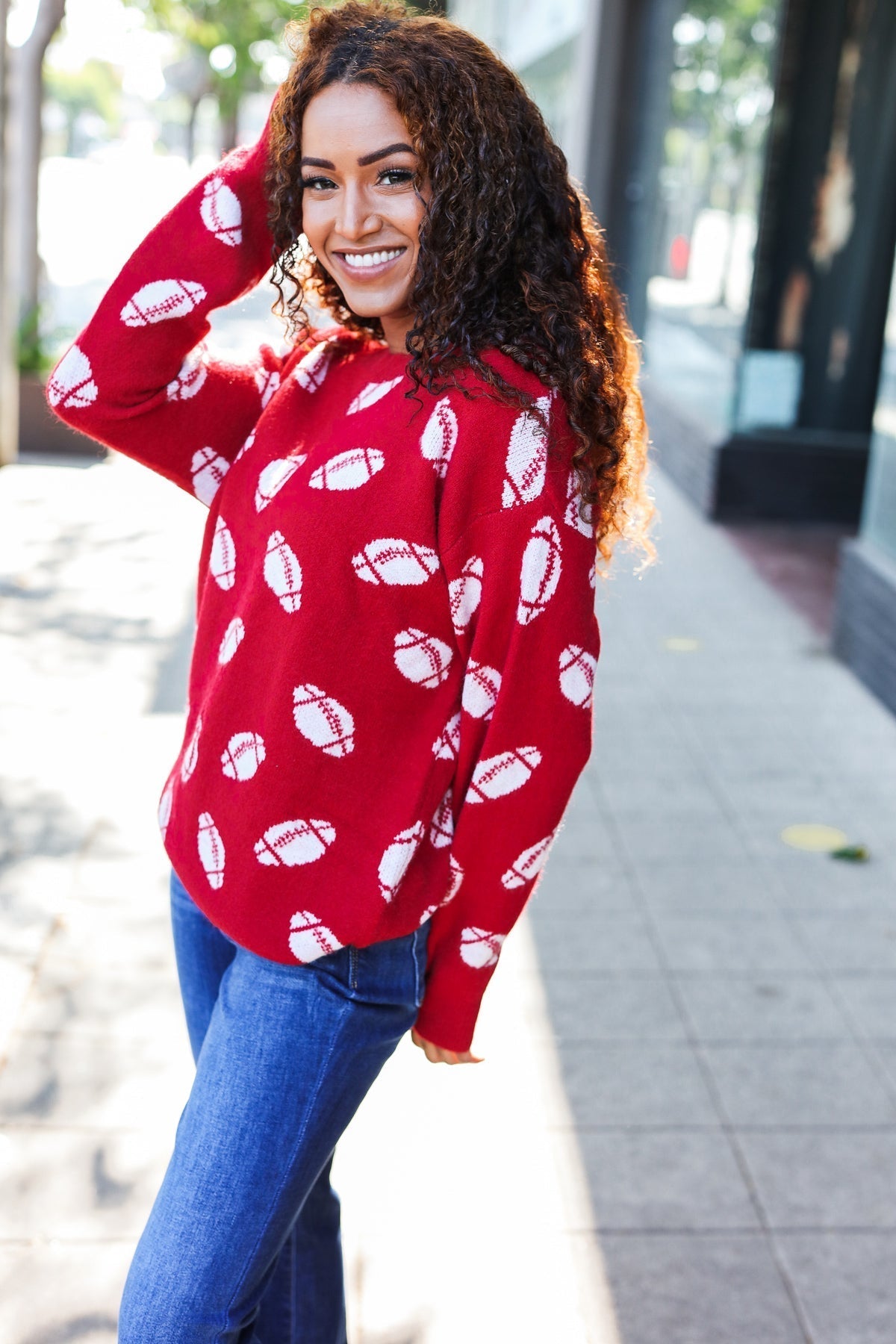 Gisela | Red football print jacquard knit sweater for game day