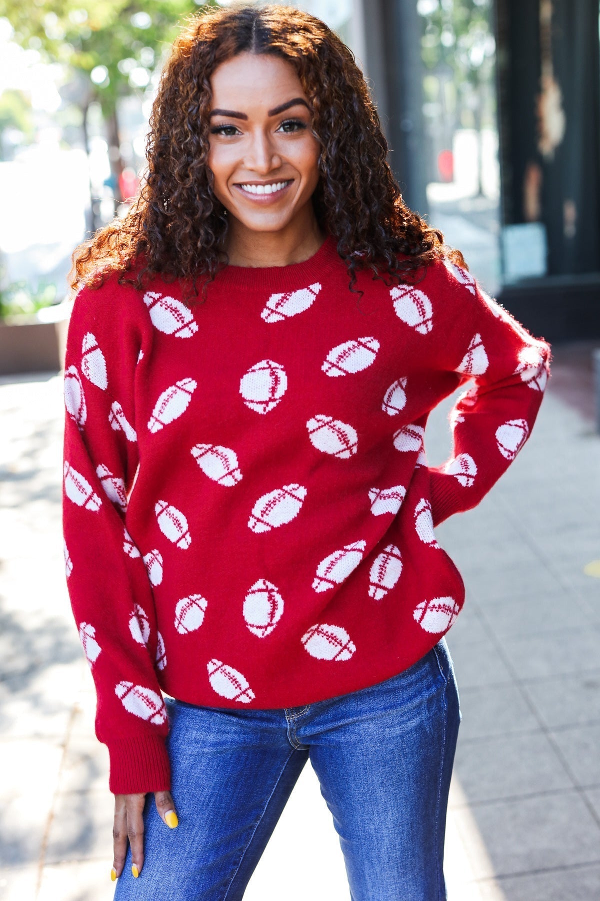 Gisela | Red football print jacquard knit sweater for game day