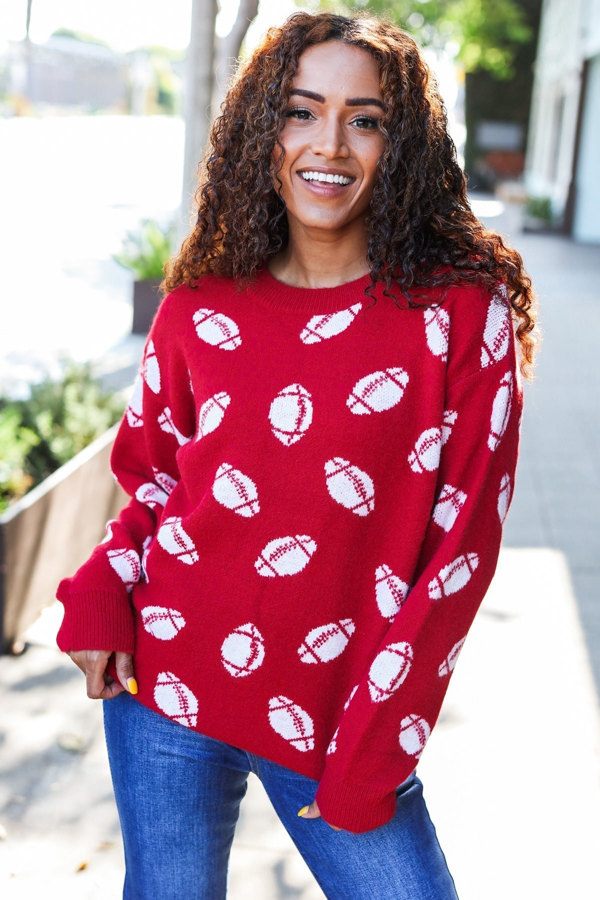 Gisela | Red football print jacquard knit sweater for game day