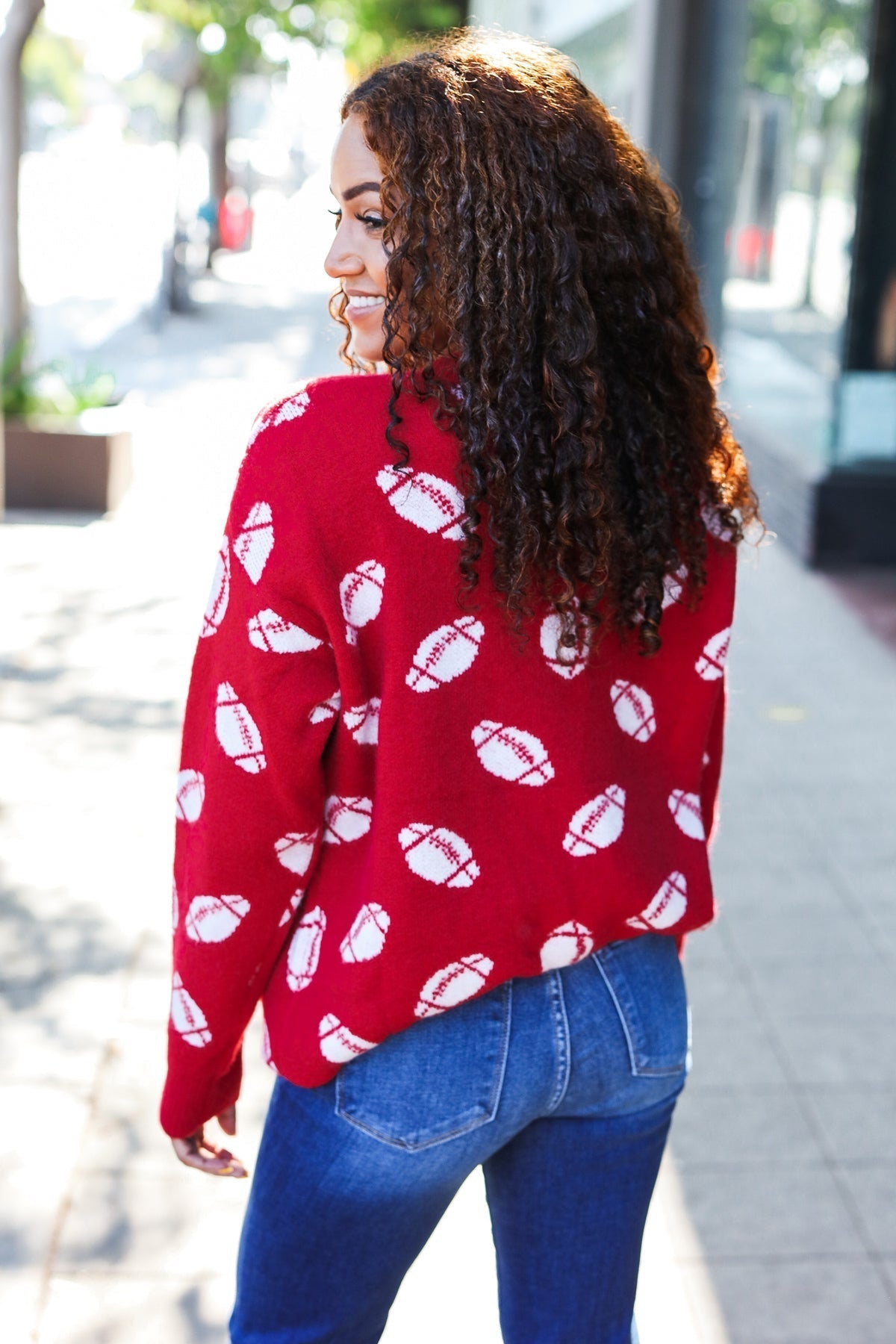 Gisela | Red football print jacquard knit sweater for game day