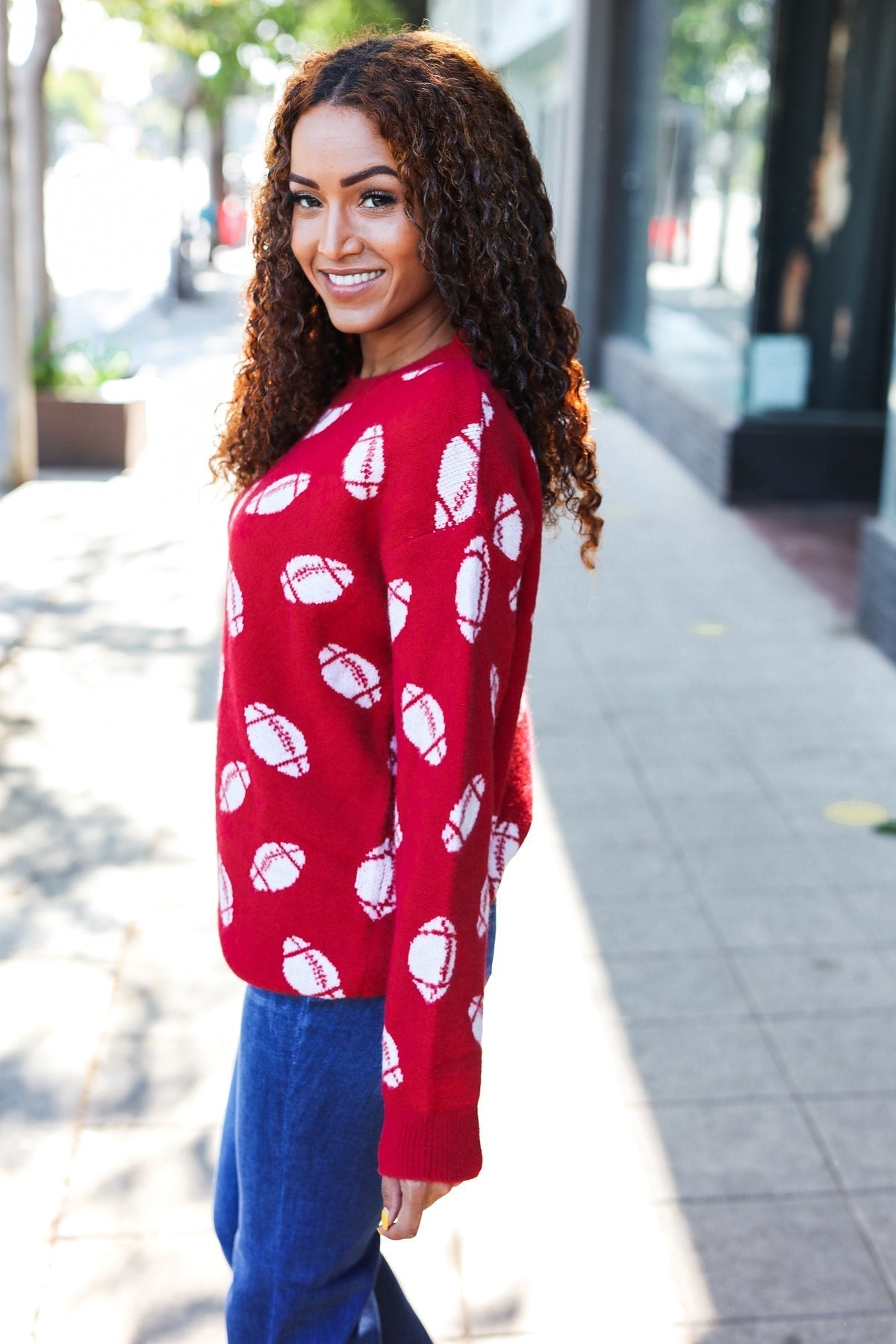Gisela | Red football print jacquard knit sweater for game day