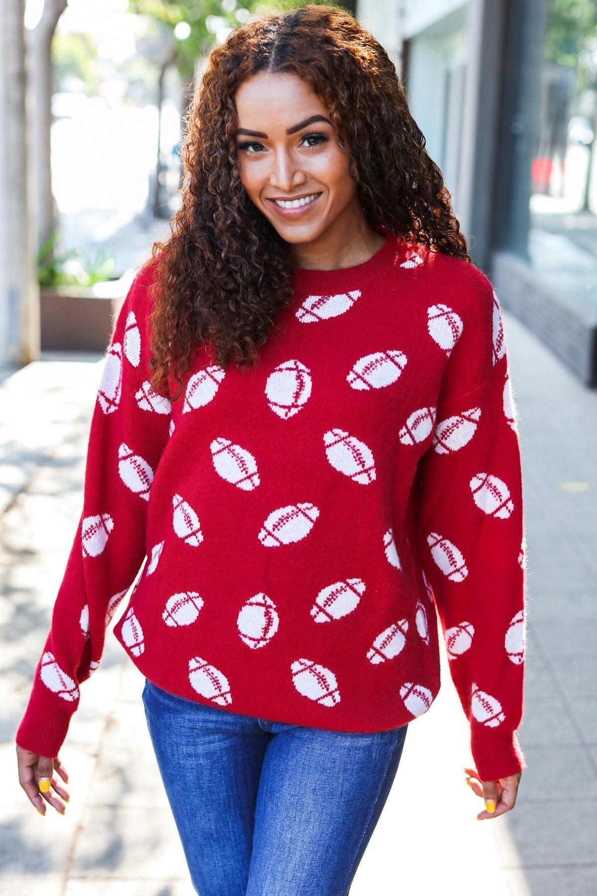 Gisela | Red football print jacquard knit sweater for game day