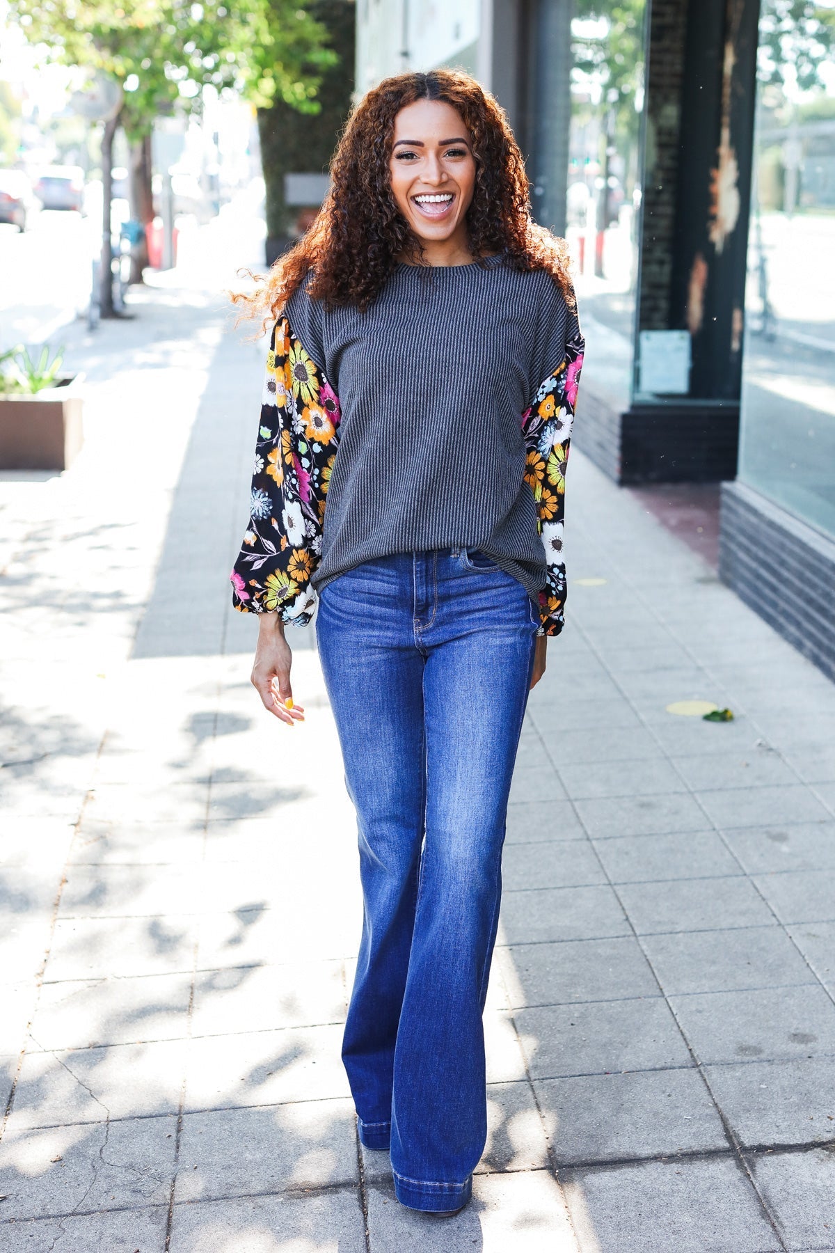Inga | Diva Dreams Black Floral Ribbed Top with Bubble Sleeves in Mineral Wash