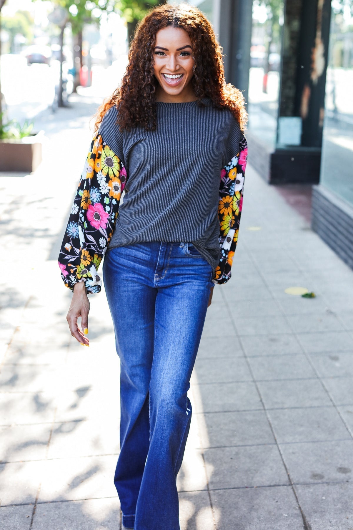 Inga | Diva Dreams Black Floral Ribbed Top with Bubble Sleeves in Mineral Wash