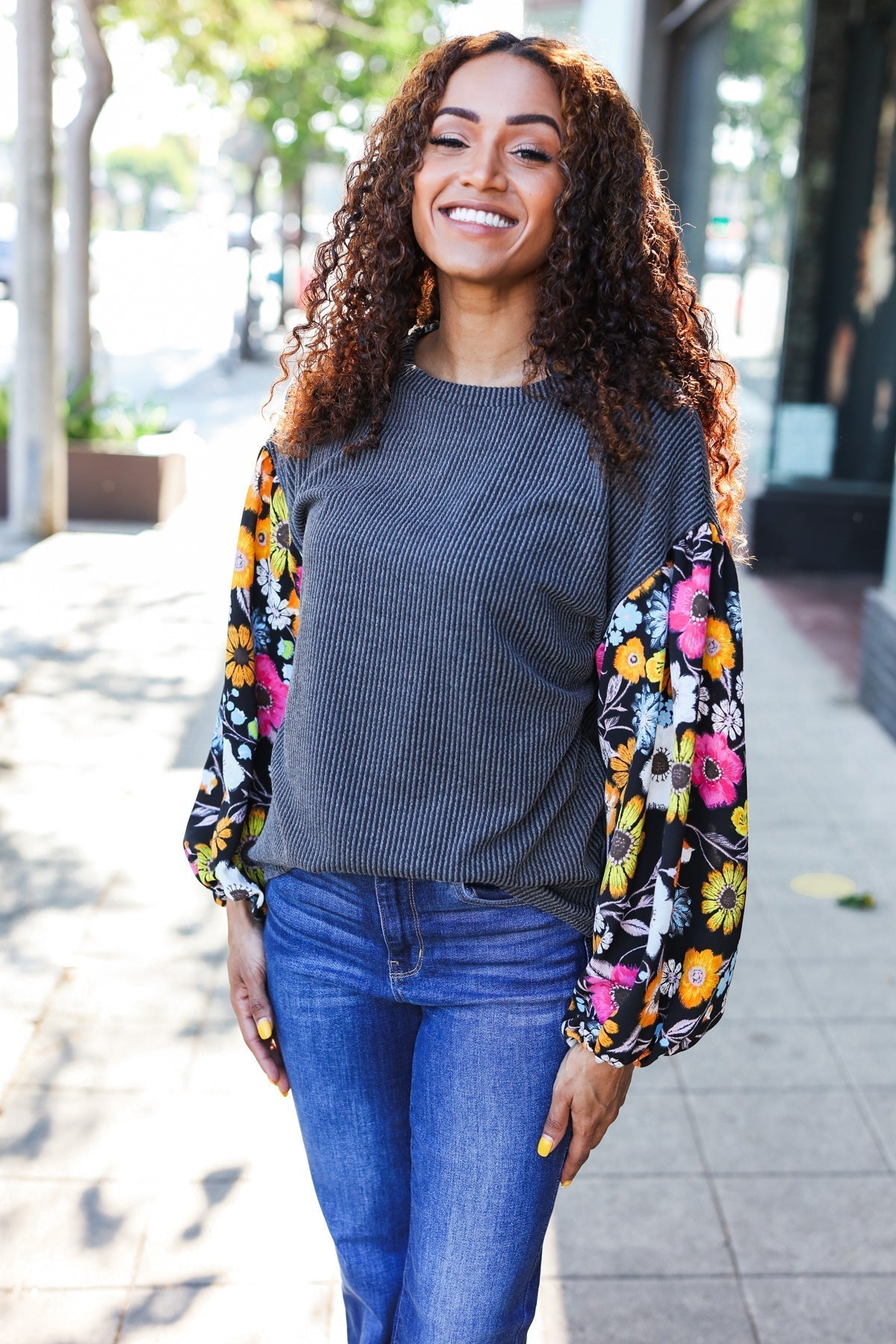 Inga | Diva Dreams Black Floral Ribbed Top with Bubble Sleeves in Mineral Wash