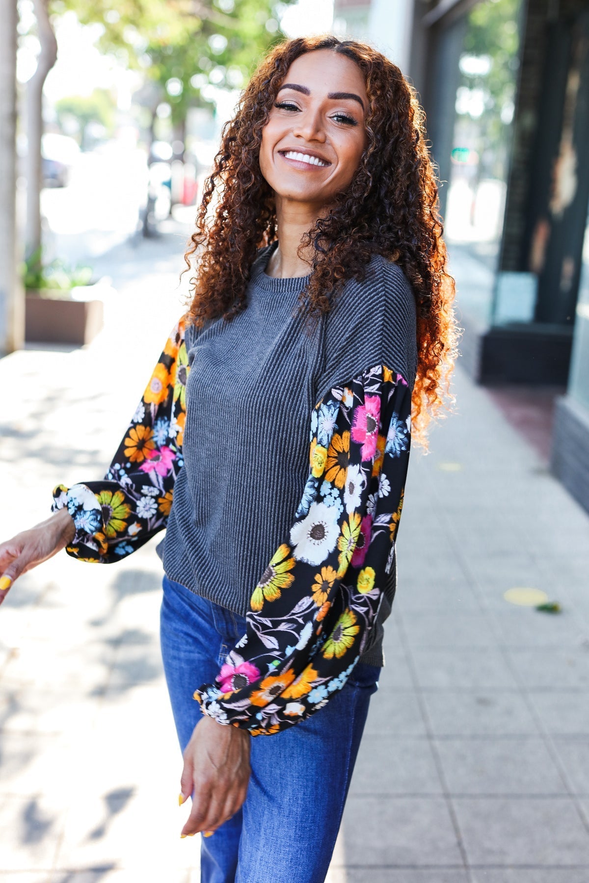 Inga | Diva Dreams Black Floral Ribbed Top with Bubble Sleeves in Mineral Wash