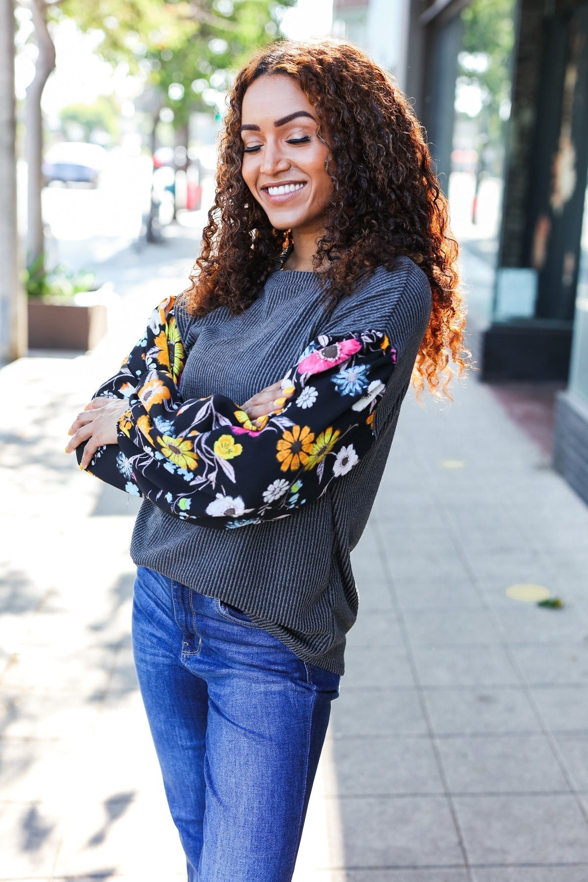 Inga | Diva Dreams Black Floral Ribbed Top with Bubble Sleeves in Mineral Wash