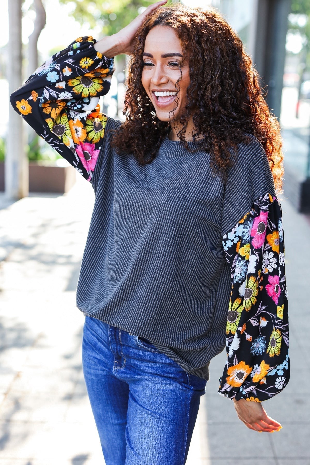 Inga | Diva Dreams Black Floral Ribbed Top with Bubble Sleeves in Mineral Wash