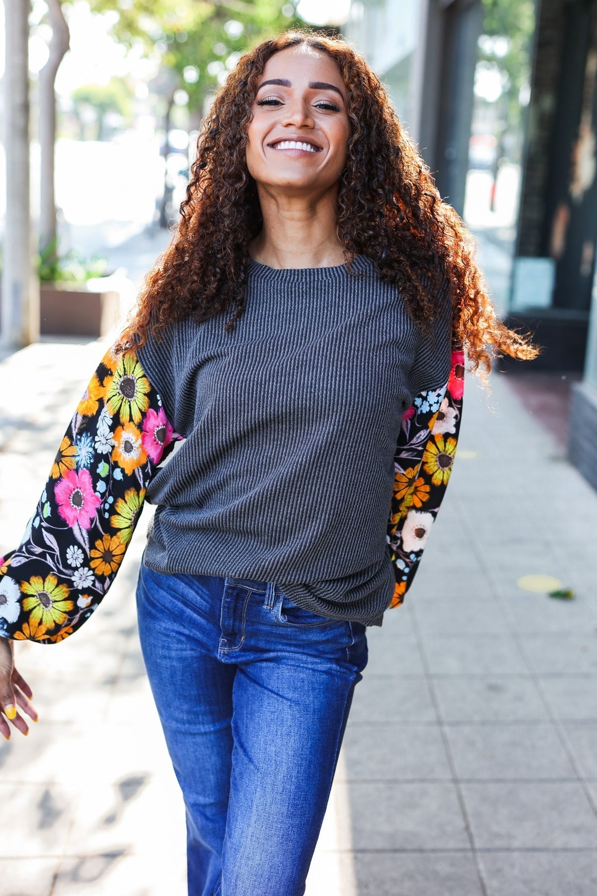 Inga | Diva Dreams Black Floral Ribbed Top with Bubble Sleeves in Mineral Wash