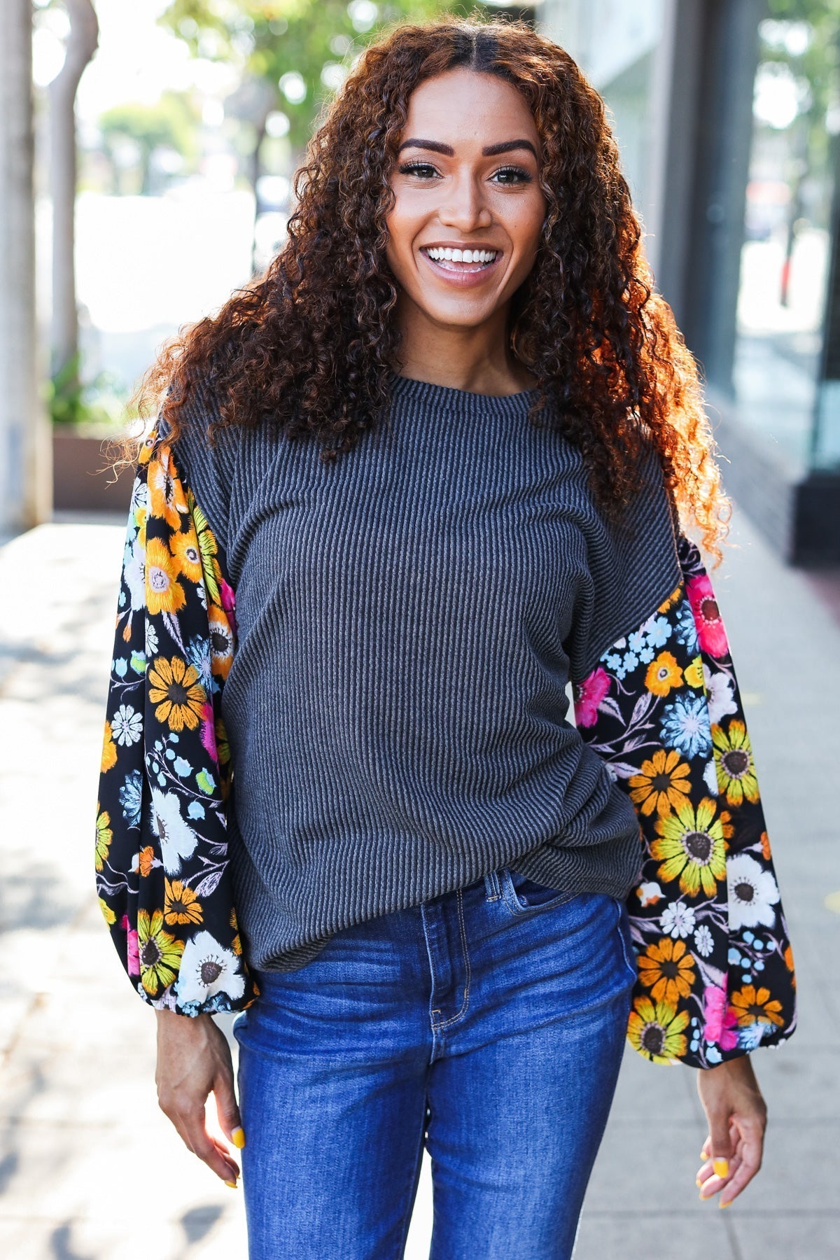 Inga | Diva Dreams Black Floral Ribbed Top with Bubble Sleeves in Mineral Wash