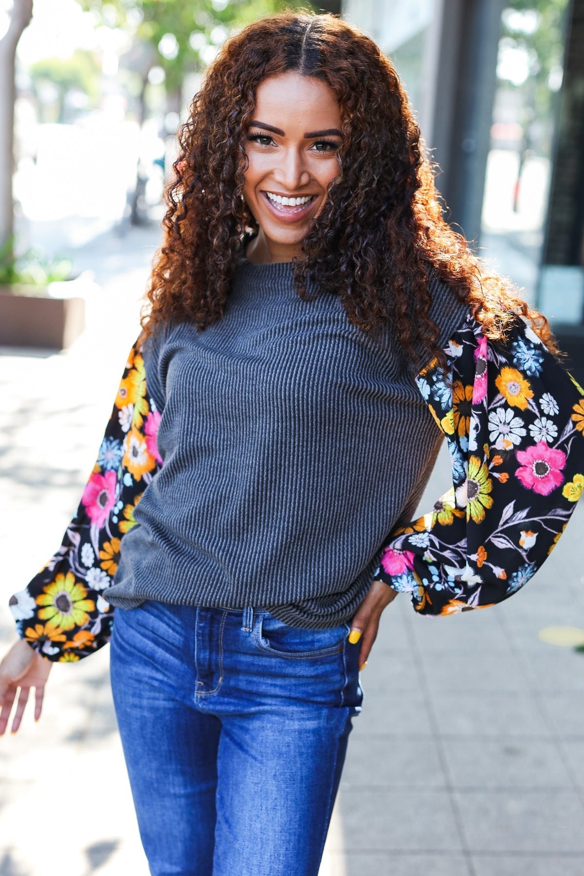 Inga | Diva Dreams Black Floral Ribbed Top with Bubble Sleeves in Mineral Wash