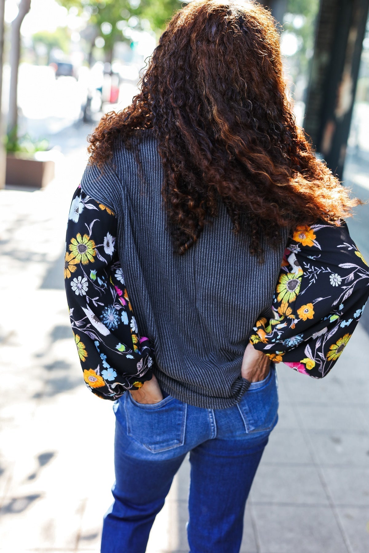 Inga | Diva Dreams Black Floral Ribbed Top with Bubble Sleeves in Mineral Wash