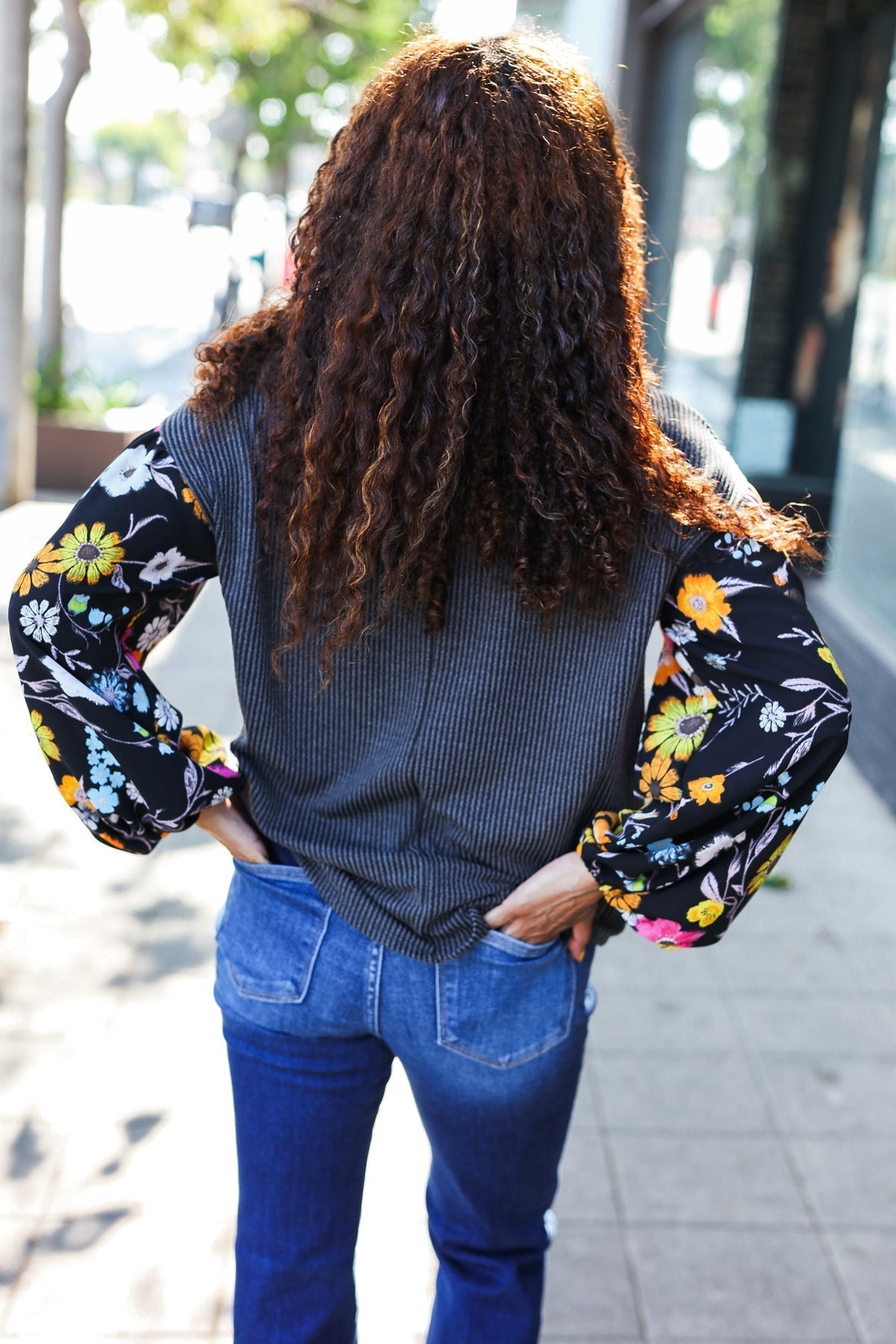 Inga | Diva Dreams Black Floral Ribbed Top with Bubble Sleeves in Mineral Wash