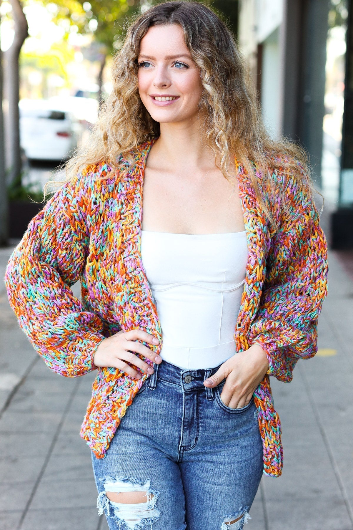 Susana | Be your best openwork multi-colored chunky knit cardigan
