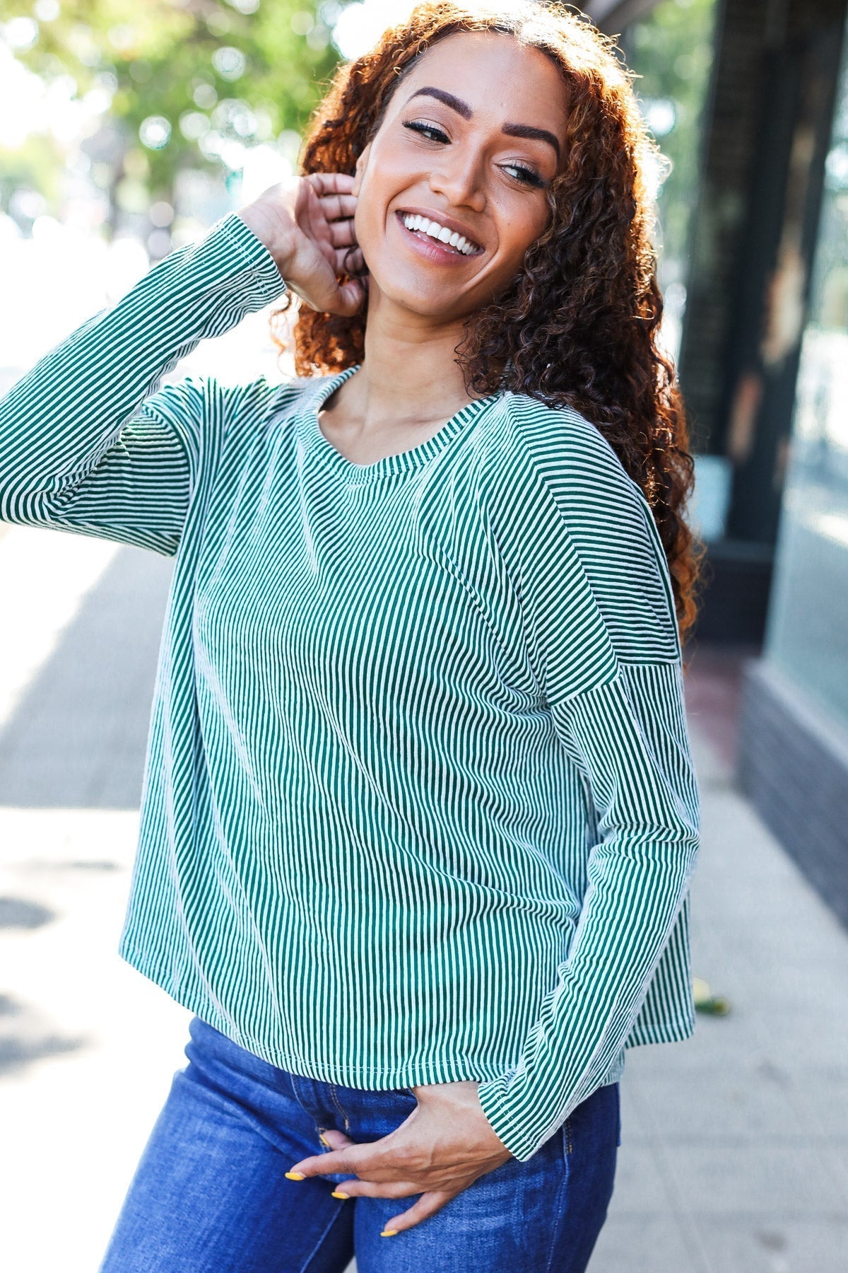 Francisca | Hello beautiful green ribbed dolman crop top