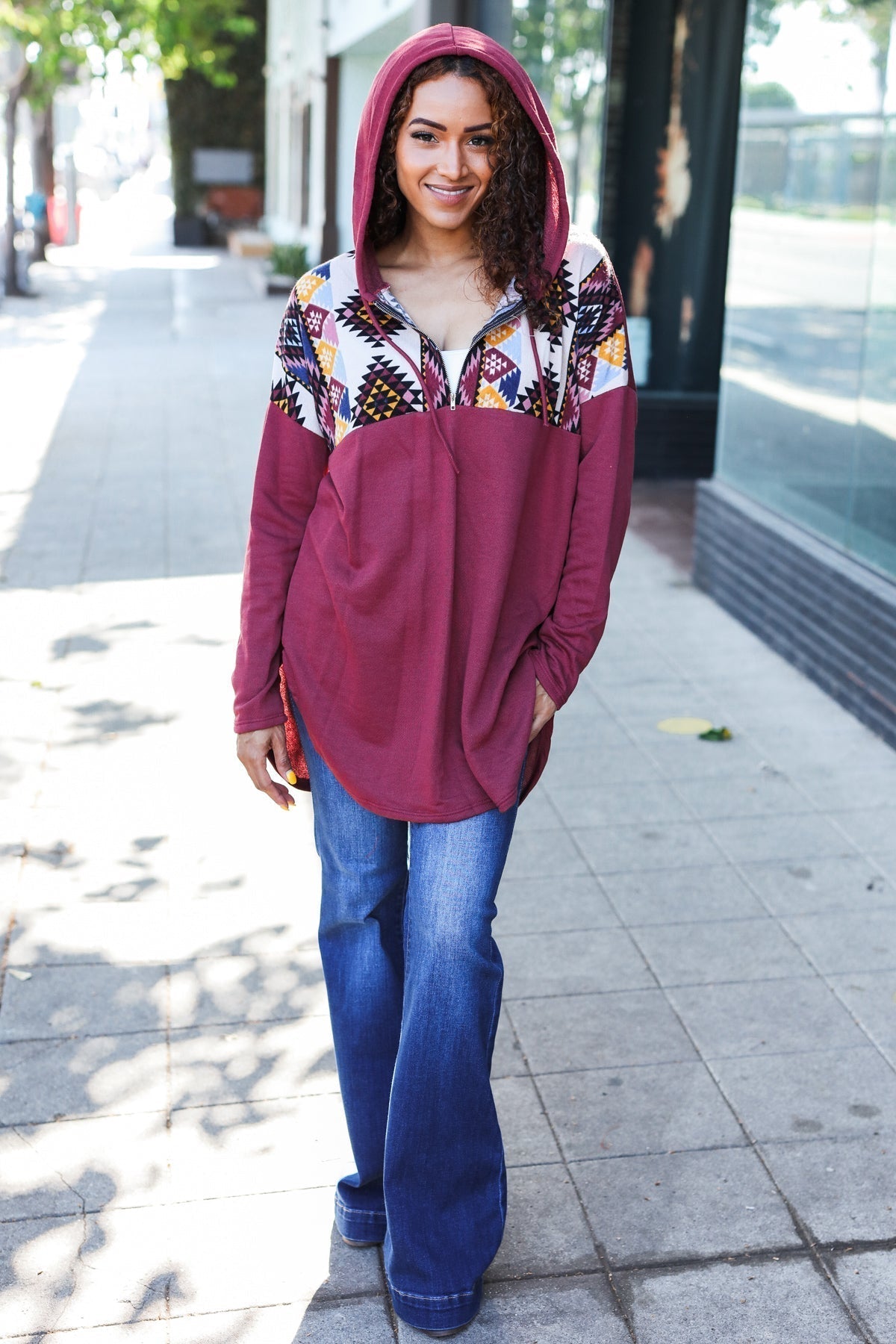 Solange | Standout longline half zip hoodie with tribal print in burgundy
