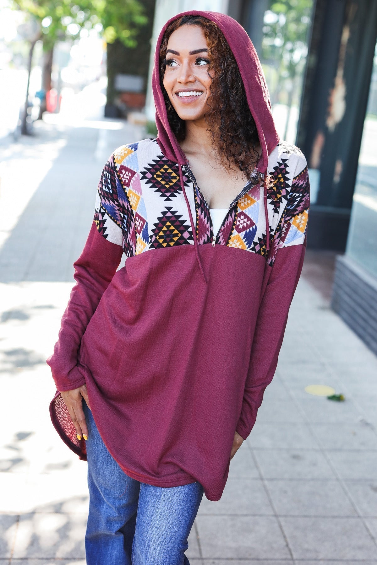 Solange | Standout longline half zip hoodie with tribal print in burgundy