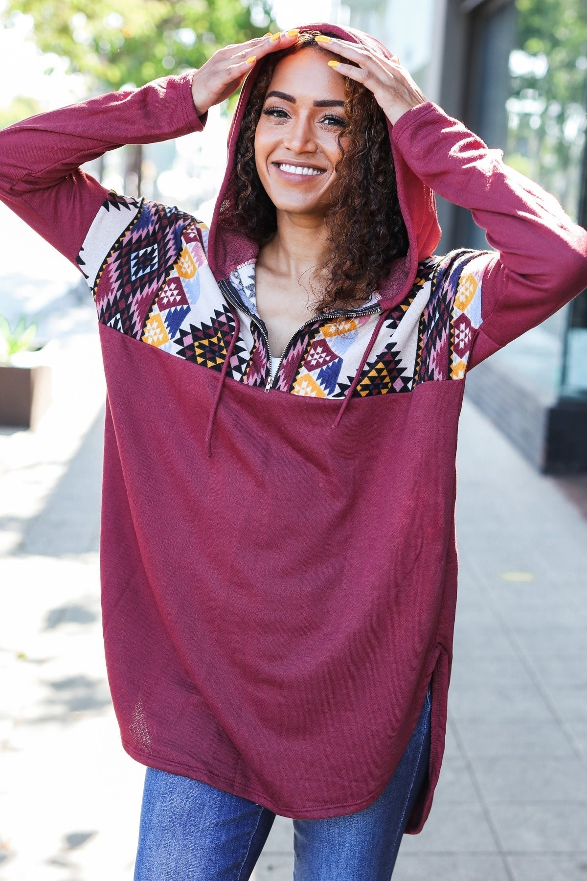 Solange | Standout longline half zip hoodie with tribal print in burgundy