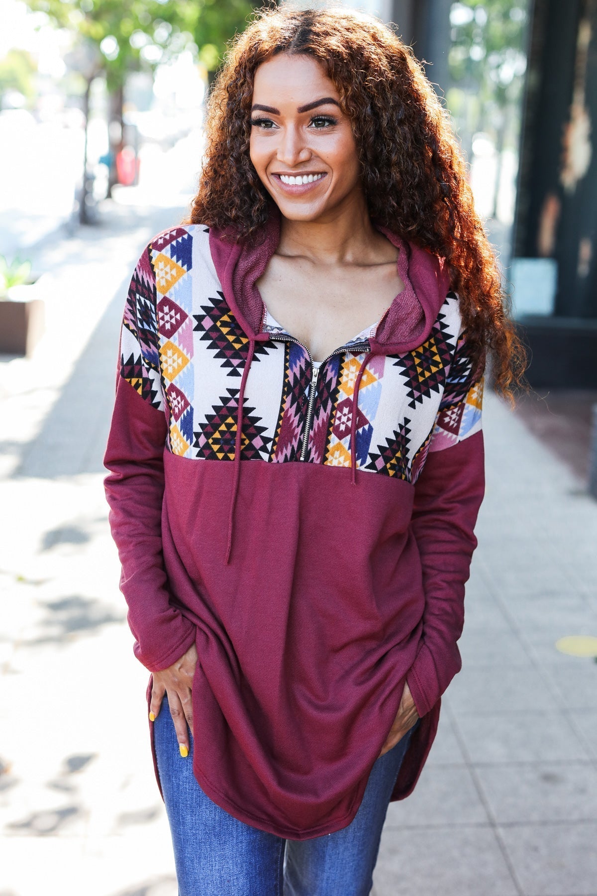 Solange | Standout longline half zip hoodie with tribal print in burgundy