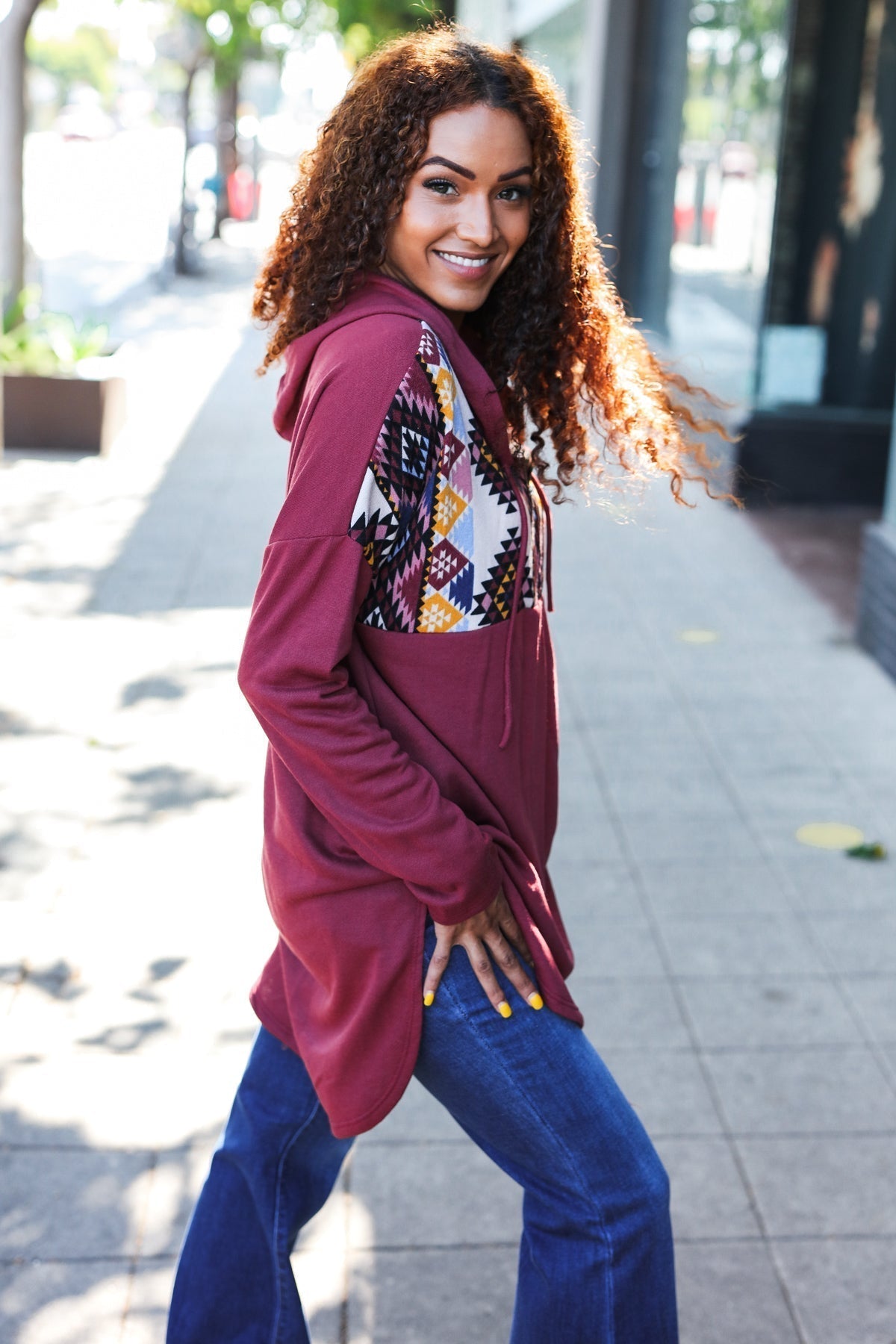 Solange | Standout longline half zip hoodie with tribal print in burgundy