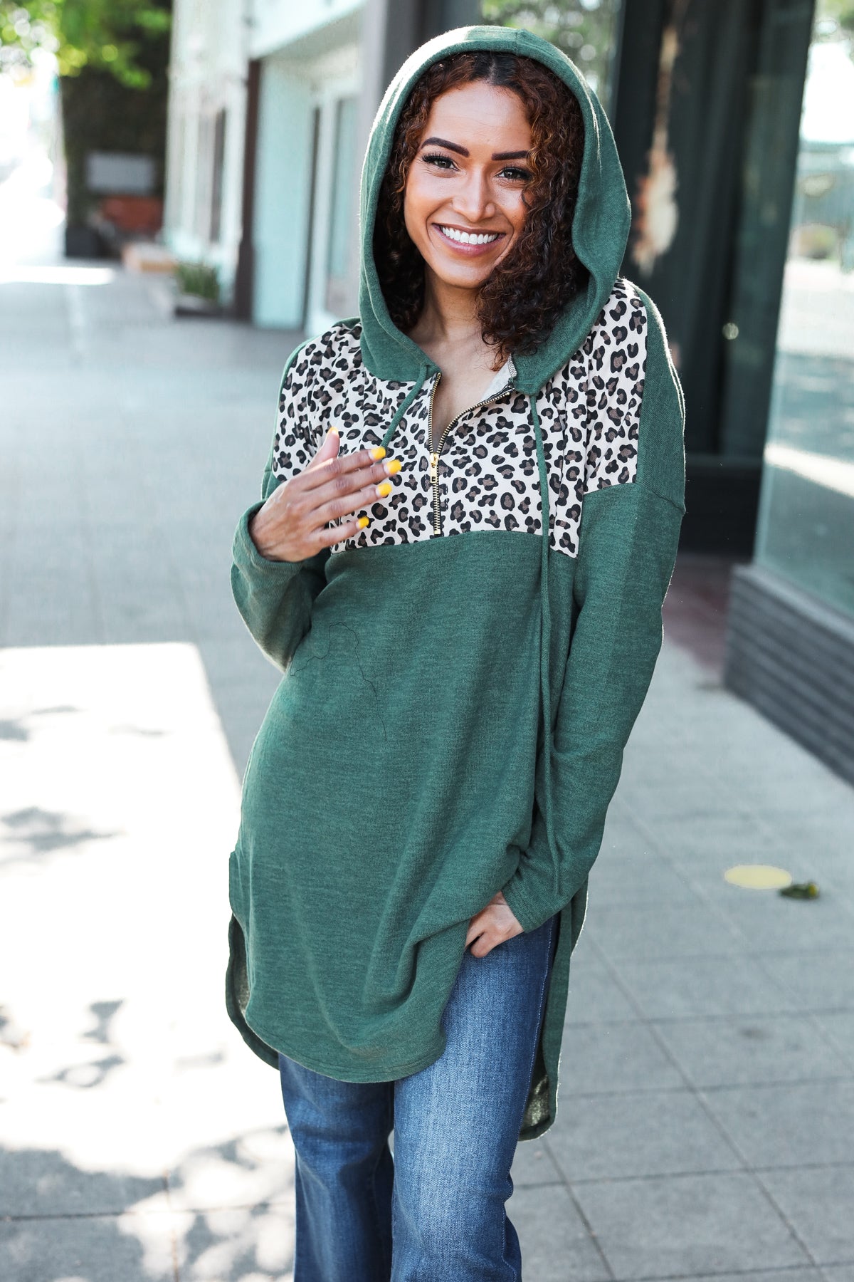 Viola | Diva Dreams Longline half zip hoodie in olive leopard print