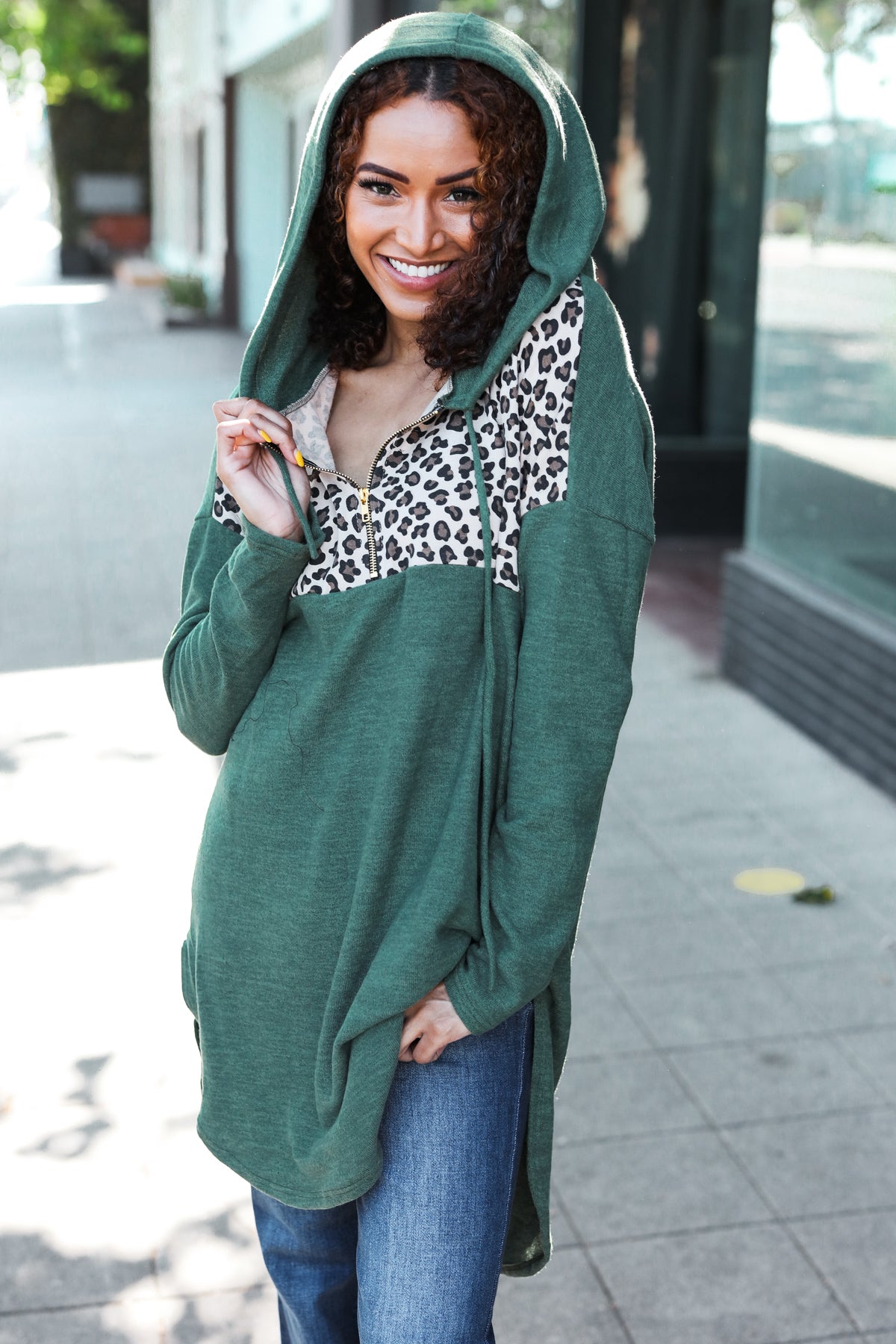 Viola | Diva Dreams Longline half zip hoodie in olive leopard print
