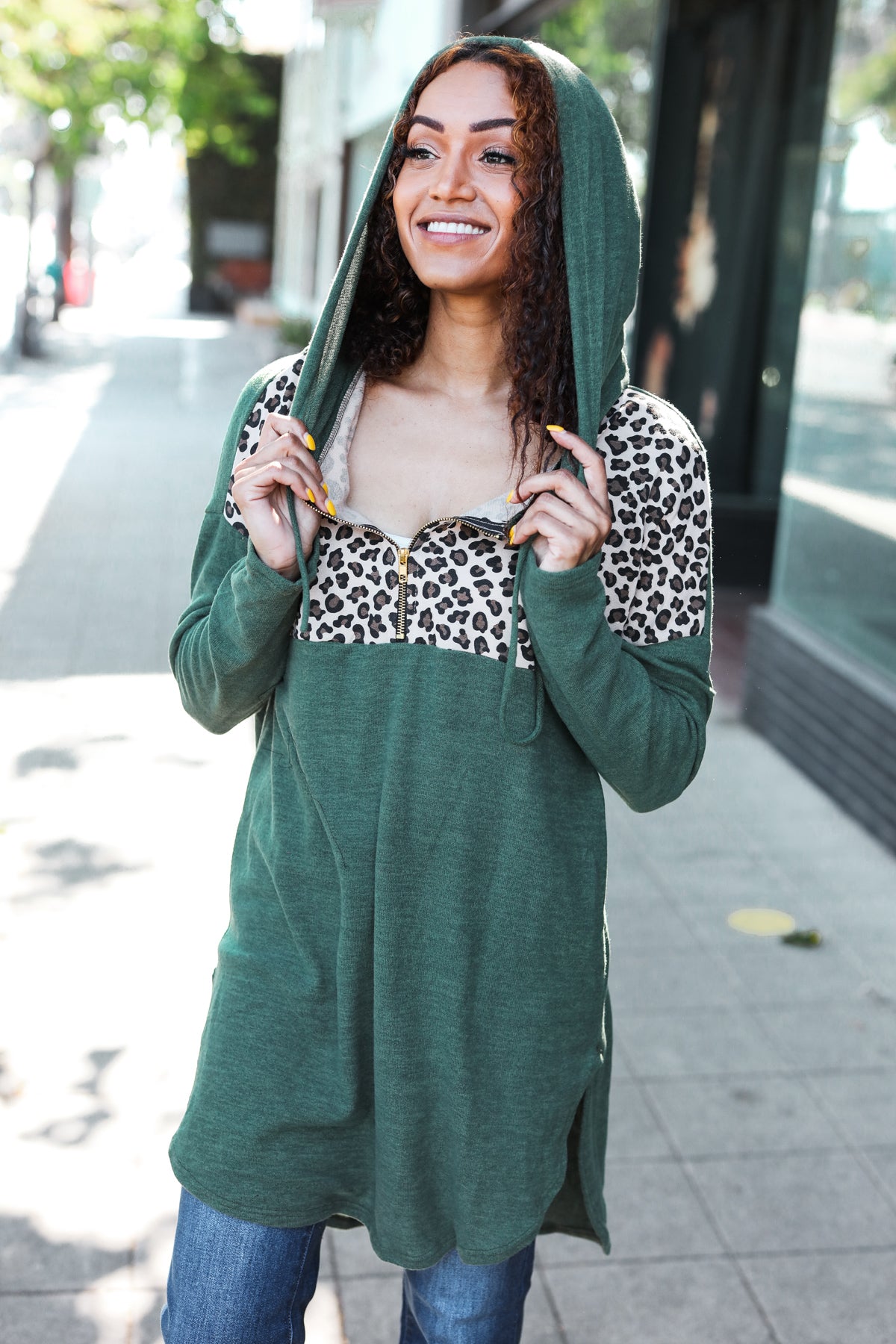 Viola | Diva Dreams Longline half zip hoodie in olive leopard print