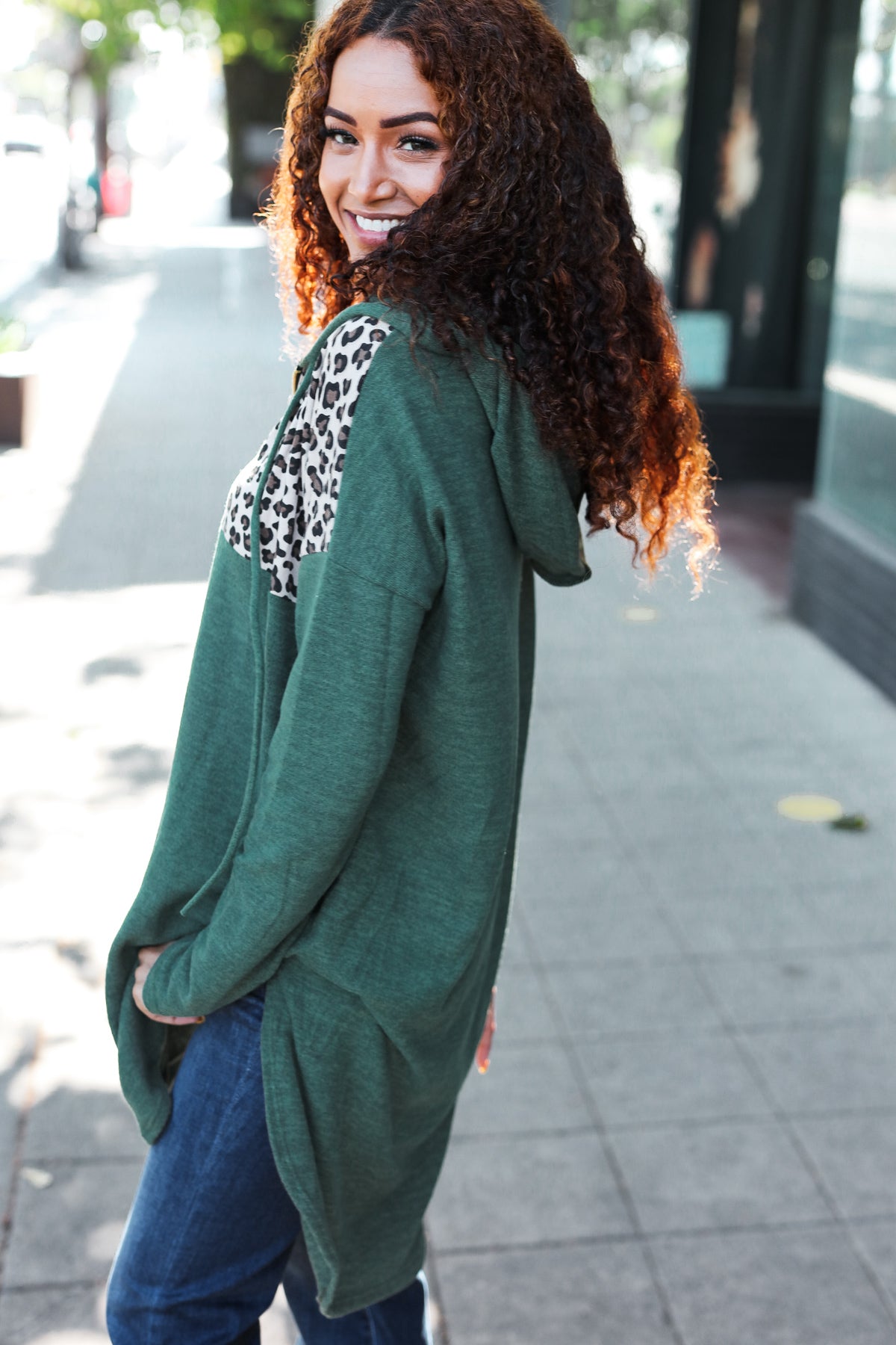 Viola | Diva Dreams Longline half zip hoodie in olive leopard print