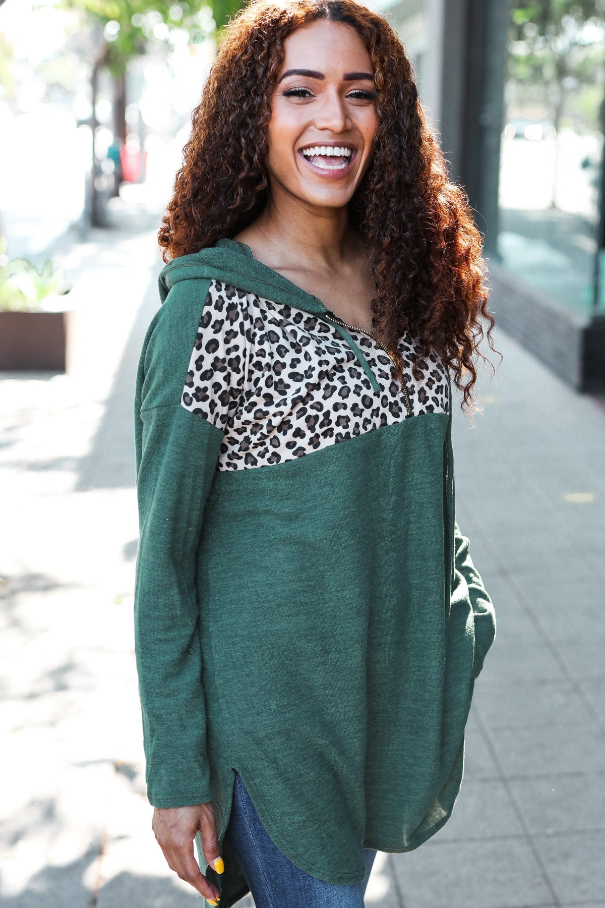 Viola | Diva Dreams Longline half zip hoodie in olive leopard print