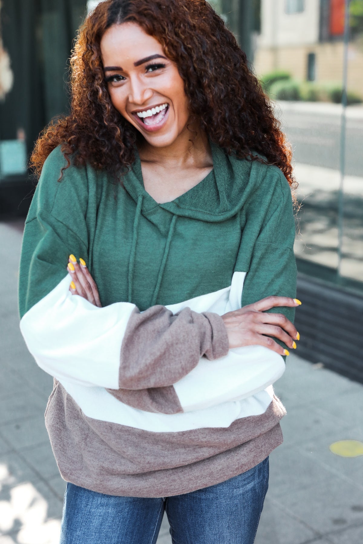 Lilli | Feeling Joyful Olive and Ivory Color Block Hacci Knit Hoodie