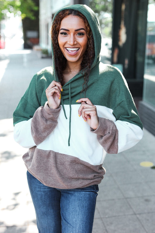 Lilli | Feeling Joyful Olive and Ivory Color Block Hacci Knit Hoodie