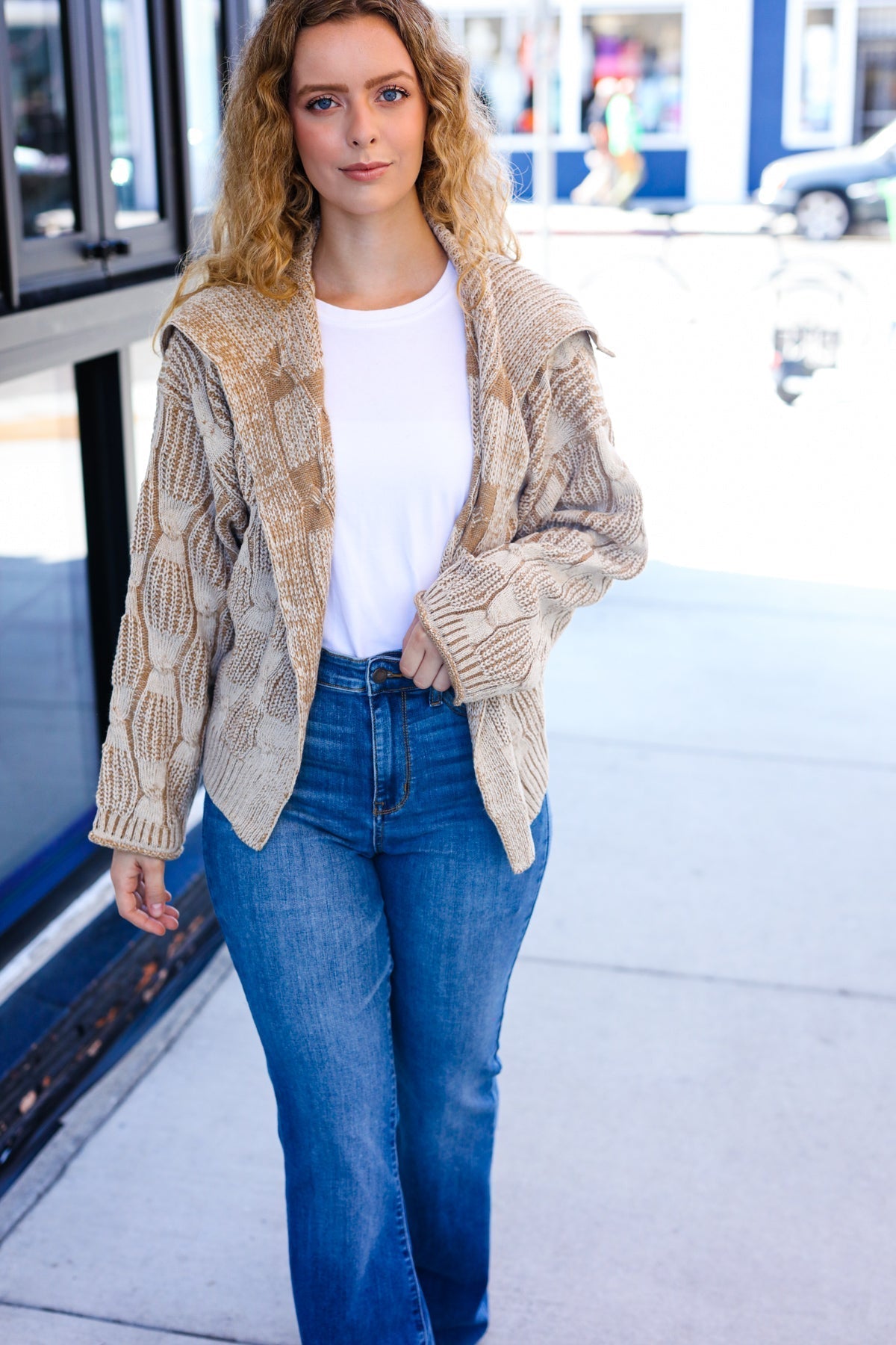 Odette | Autumn Vibes Taupe structured cable knit cardigan with collar