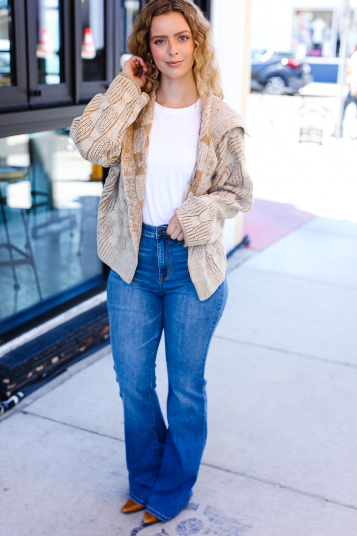 Odette | Autumn Vibes Taupe structured cable knit cardigan with collar