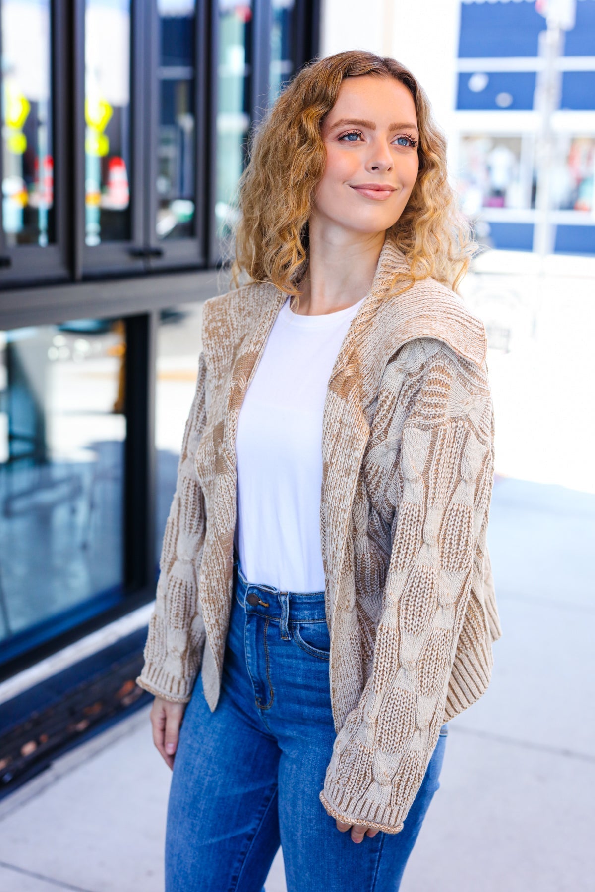 Odette | Autumn Vibes Taupe structured cable knit cardigan with collar