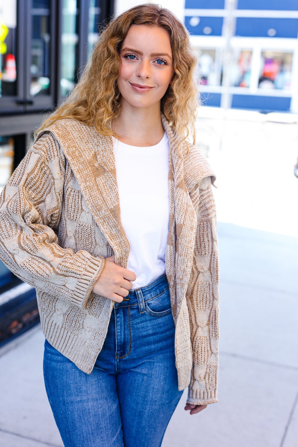 Odette | Autumn Vibes Taupe structured cable knit cardigan with collar