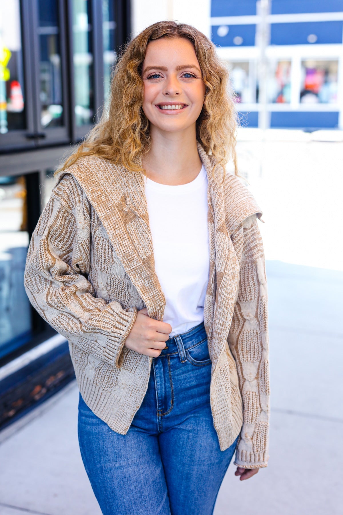 Odette | Autumn Vibes Taupe structured cable knit cardigan with collar
