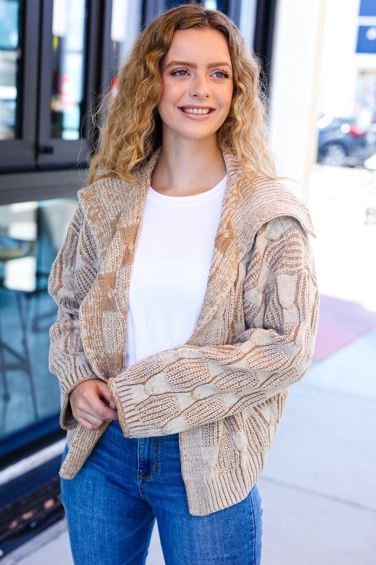 Odette | Autumn Vibes Taupe structured cable knit cardigan with collar