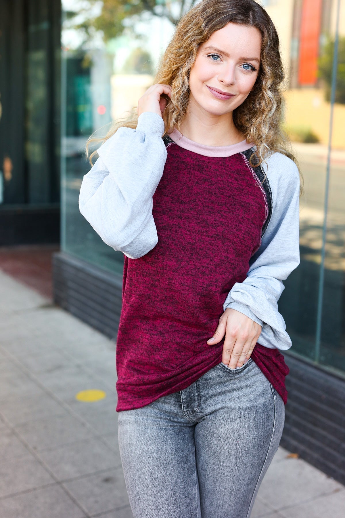 Sigrid | Autumn Vibes color block raglan sweater in gray and burgundy