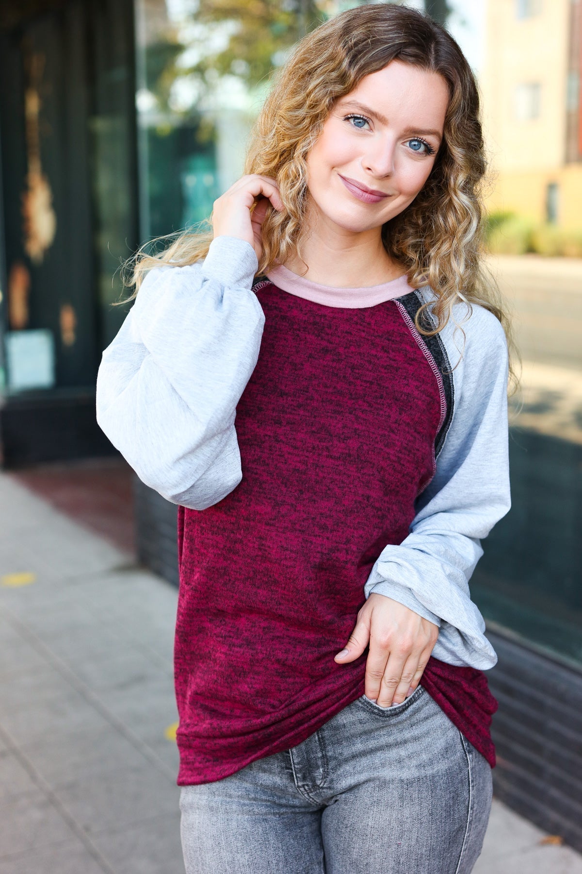 Sigrid | Autumn Vibes color block raglan sweater in gray and burgundy