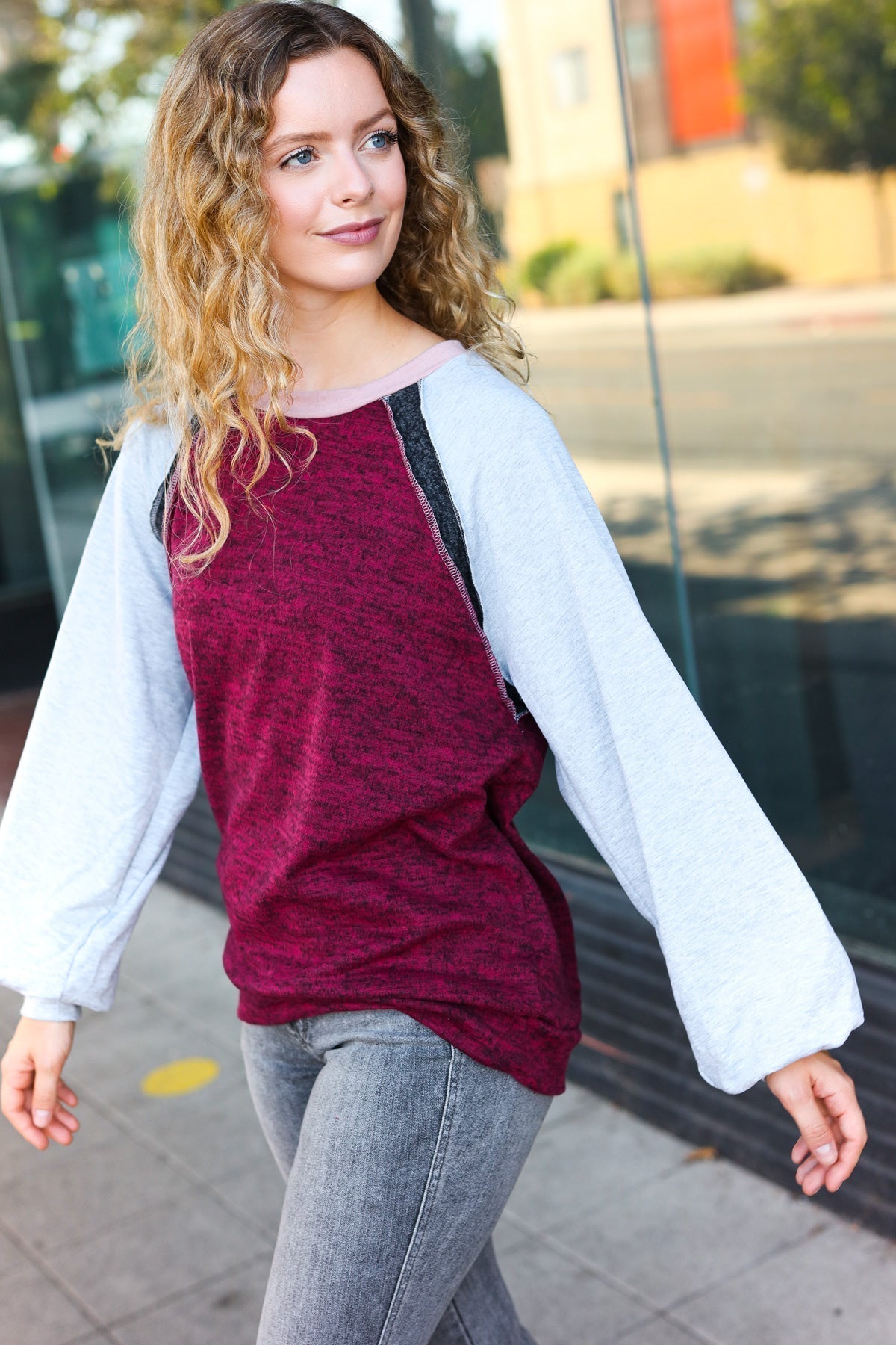 Sigrid | Autumn Vibes color block raglan sweater in gray and burgundy