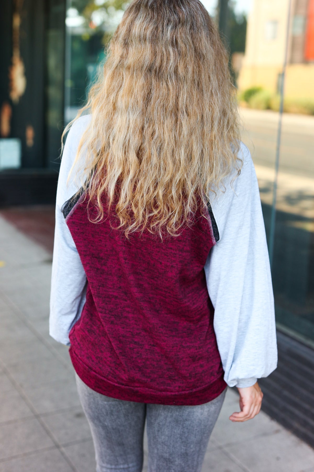 Sigrid | Autumn Vibes color block raglan sweater in gray and burgundy