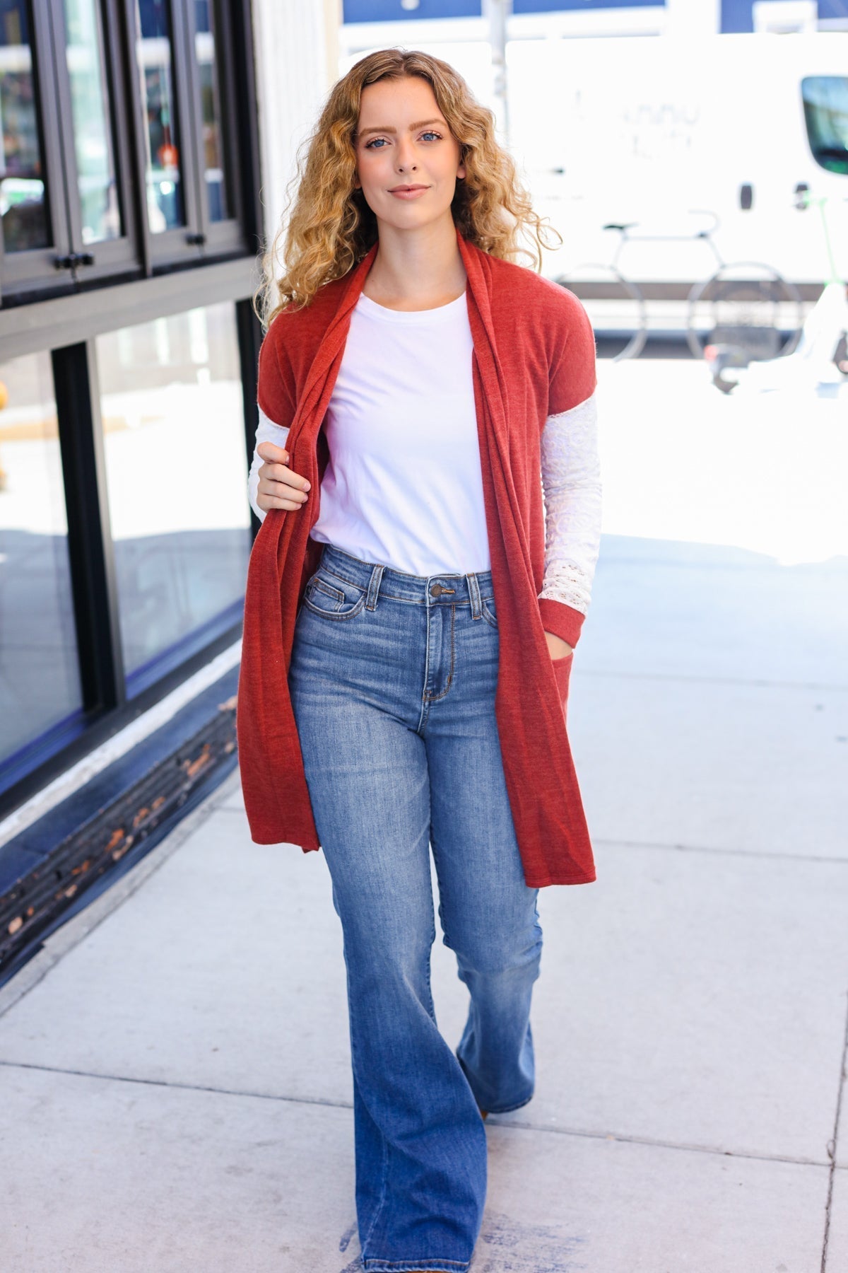 Fabienne | Casual Days Rust Hacci Cardigan with Lace Sleeves and Front Pocket