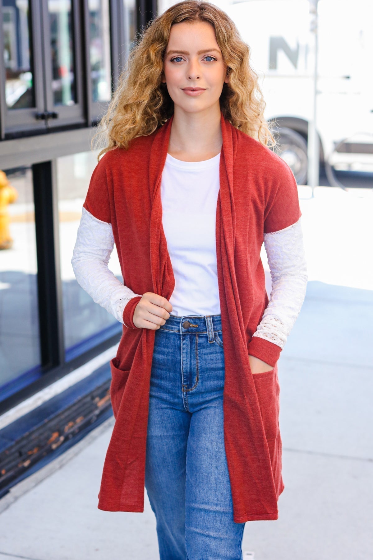 Fabienne | Casual Days Rust Hacci Cardigan with Lace Sleeves and Front Pocket
