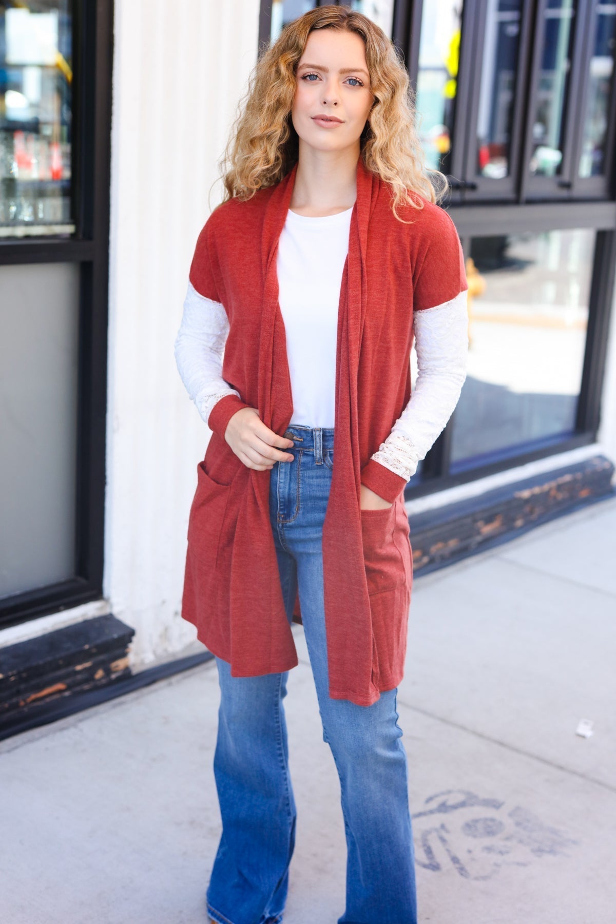 Fabienne | Casual Days Rust Hacci Cardigan with Lace Sleeves and Front Pocket