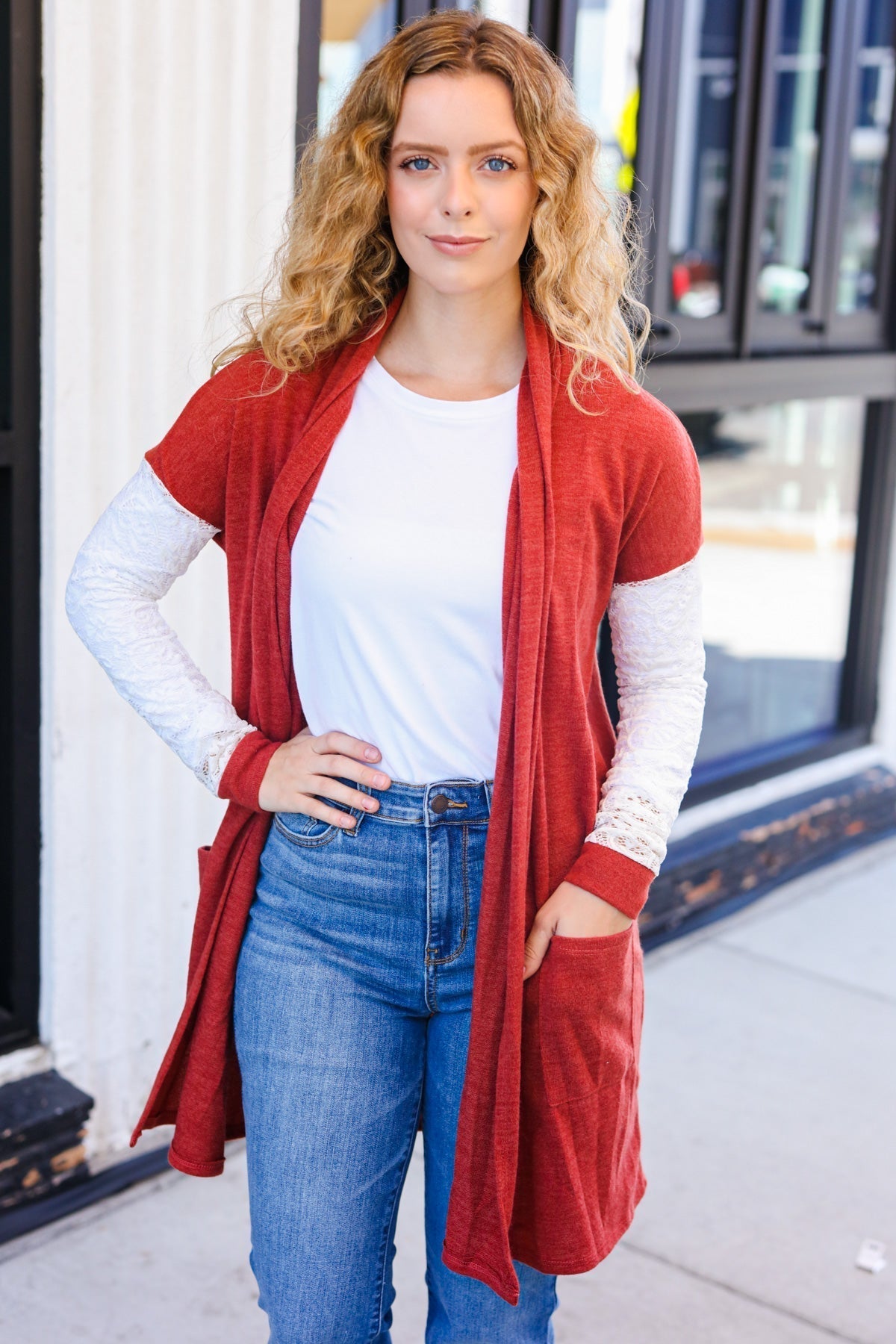 Fabienne | Casual Days Rust Hacci Cardigan with Lace Sleeves and Front Pocket