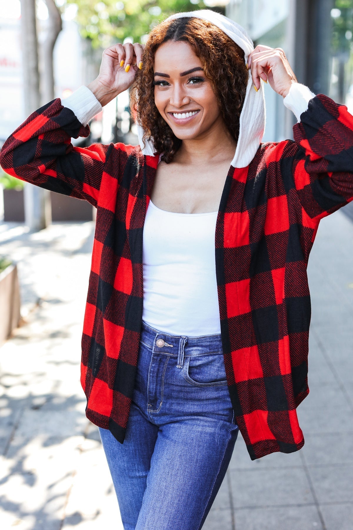 Sonia | Red buffalo check ribbed hoodie from Stepping Out
