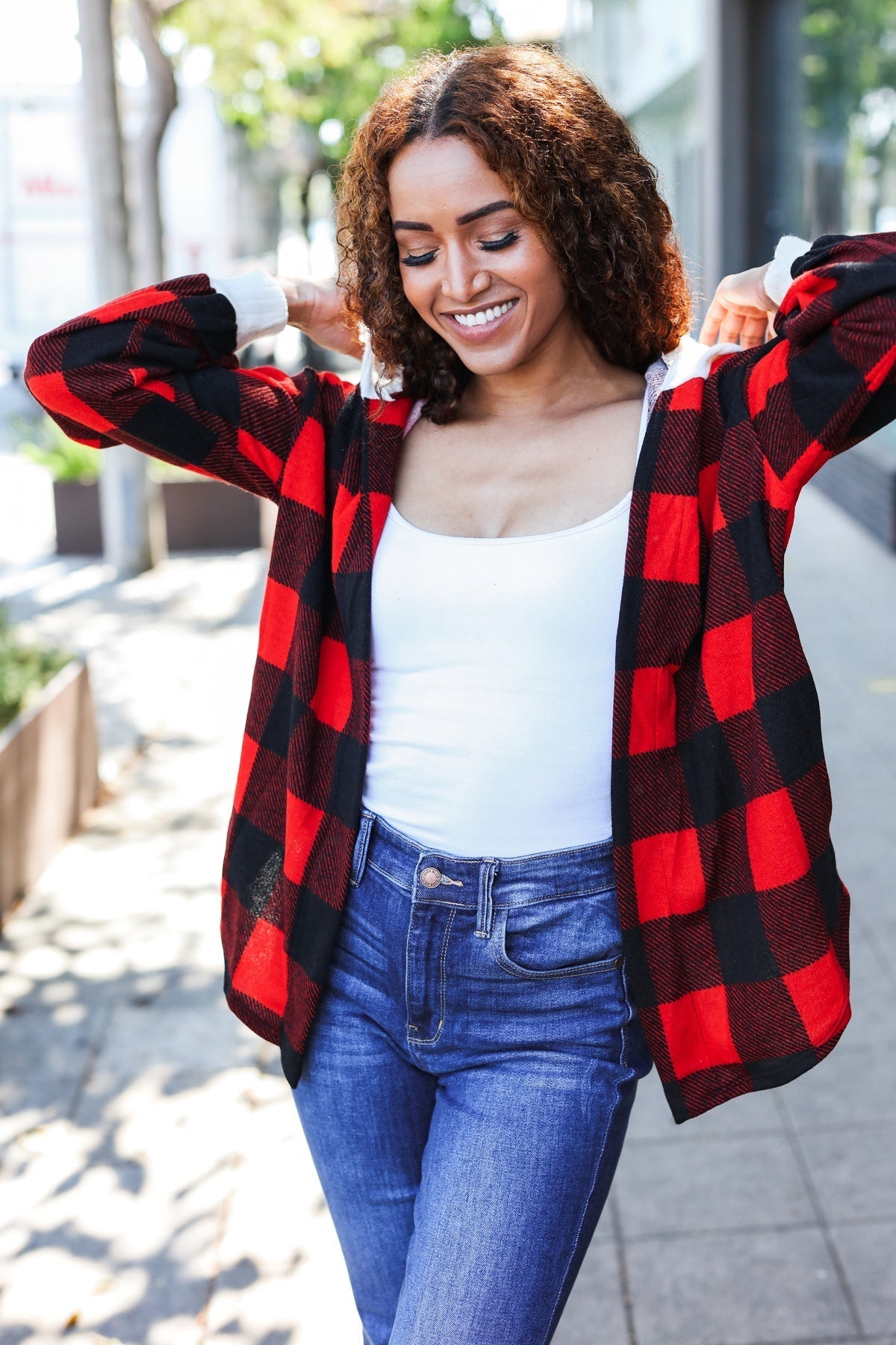 Sonia | Red buffalo check ribbed hoodie from Stepping Out