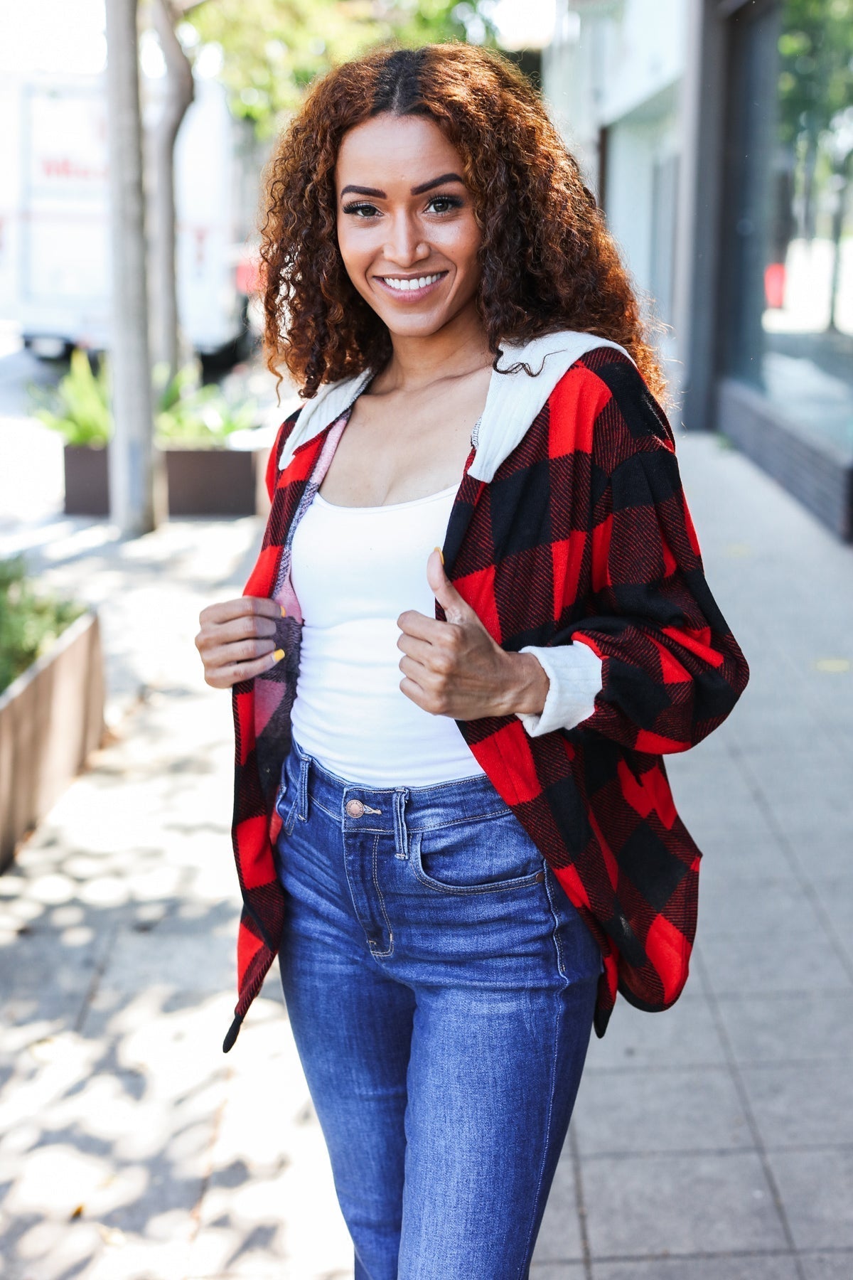 Sonia | Red buffalo check ribbed hoodie from Stepping Out